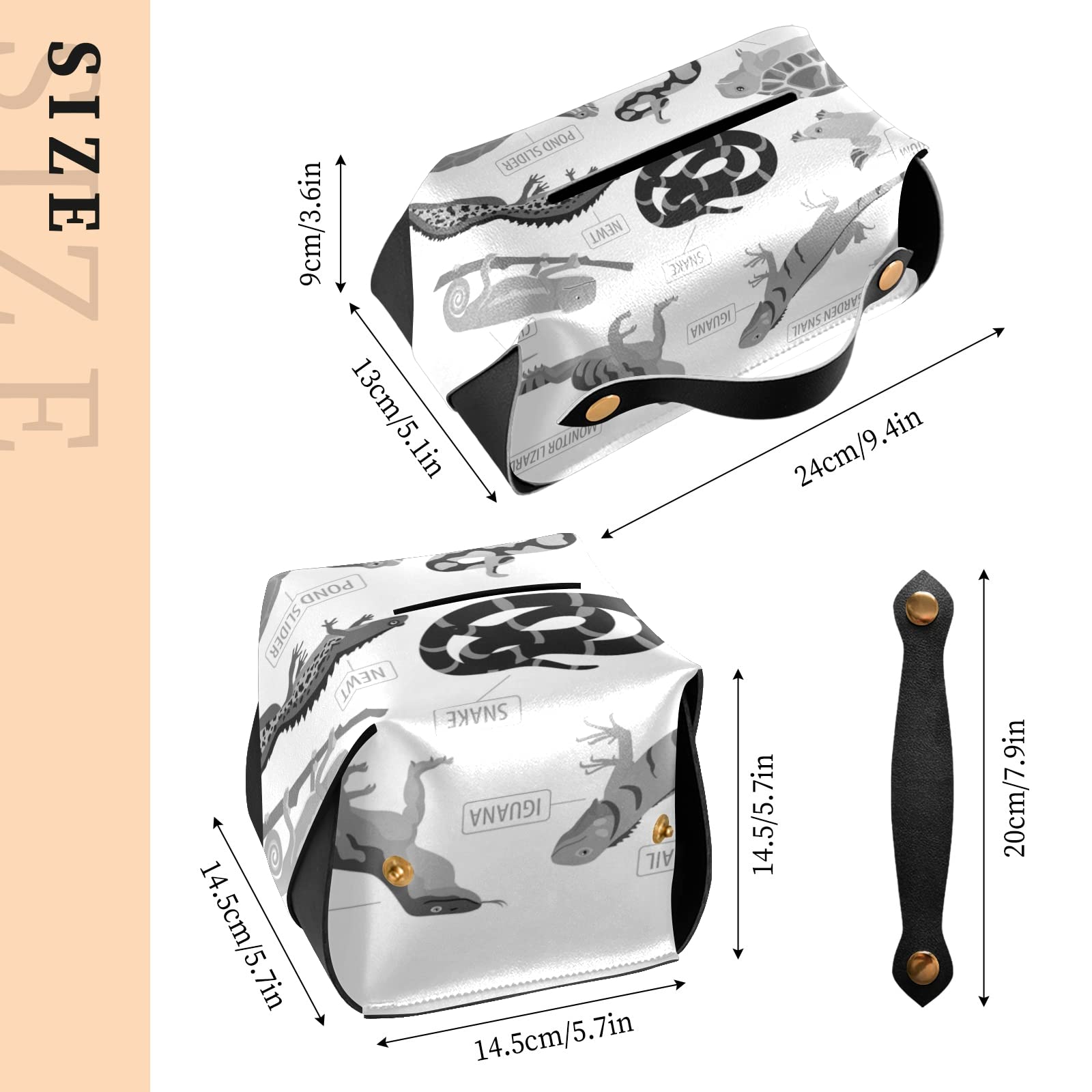 Premium Black & Grey Leather Tissue Box Cover for Reptile Pets (Frog, Iguana, Lizard, Snake, Turtle) - 9.4x5.1x3.6 Inch Rectangle Design with Handle - Perfect for Bathroom, Home, Office Desk, Nightstand, Vanity & Car