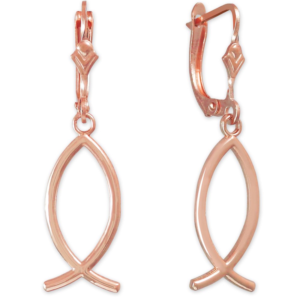 14K Rose Gold Ichthus Christian Fish Earrings - Religious Jewelry for Women, Faith-Based Gifts - Perfect for Church, Baptism & Daily Wear