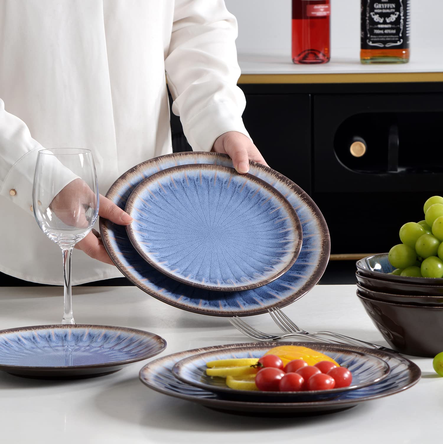 12-Piece Melamine Dinnerware Set - Unbreakable Plates & Bowls for Outdoor Dining, Camping, Picnics - BPA-Free, Dishwasher Safe (Classic Blue) - Perfect for Patio Parties, RV Trips & Backyard BBQs