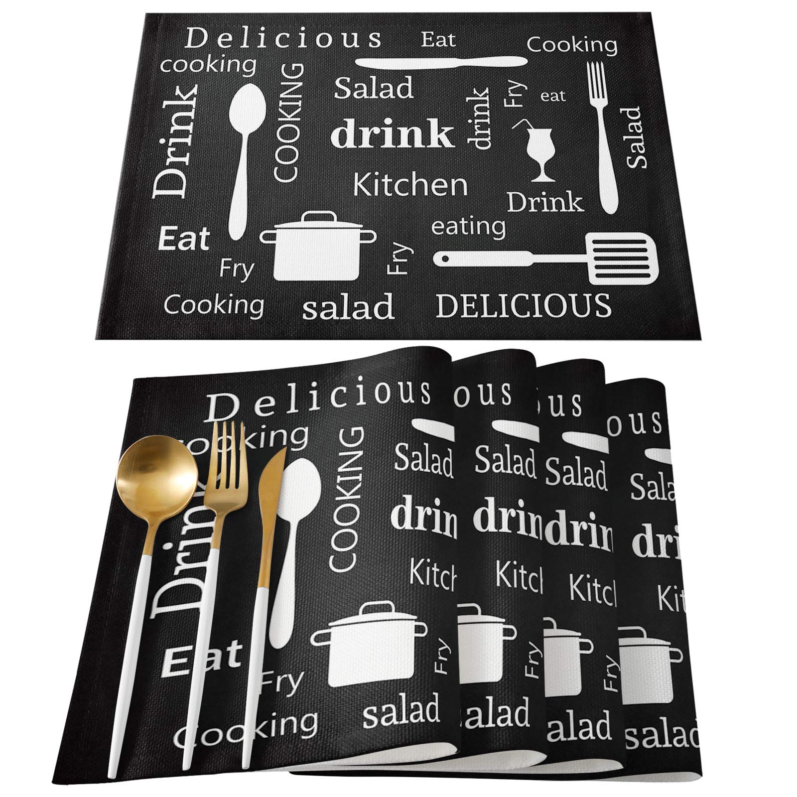 Funny Cooking Placemats Set of 6 - 13x19 Inch Cotton Linen Table Mats for Dining & Kitchen Decor | Non-Slip Washable Kitchen Utensils Design with Chef Text on Black Background | Perfect for Family Dinners, Parties & Home Decoration