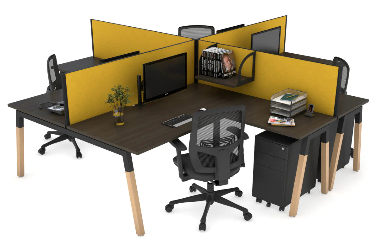 Quadro Wood A Legs Cross Beam 4-Person Corner Workstation Desk - 1600L x 1800W with Cable Management Scallop - Perfect for Office, Home Workspace & Collaborative Environments