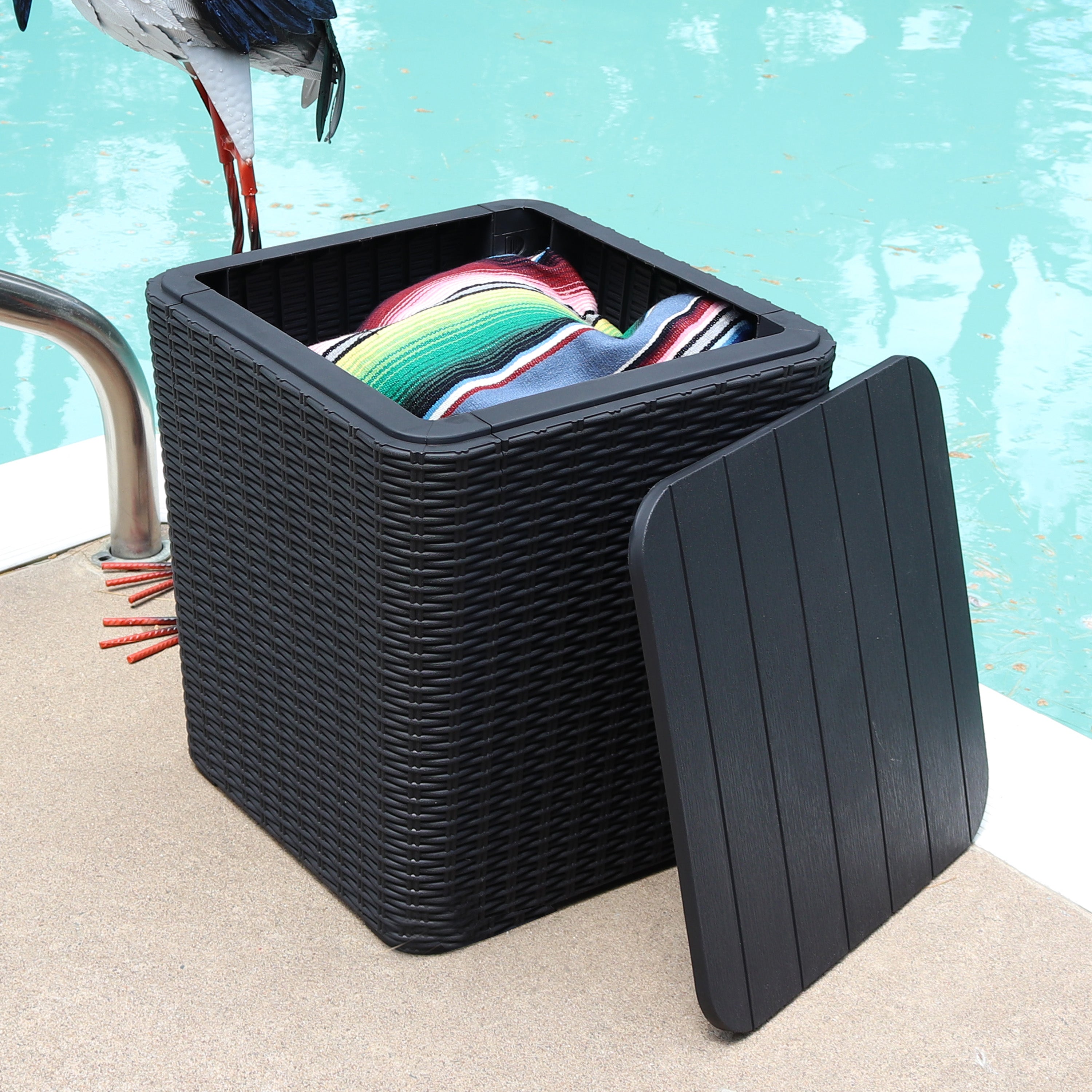 Sunnydaze Outdoor Side Table with Storage - Rattan Design, 11.5 Gallon Capacity - Perfect for Patio, Garden, Poolside & Balcony Decor