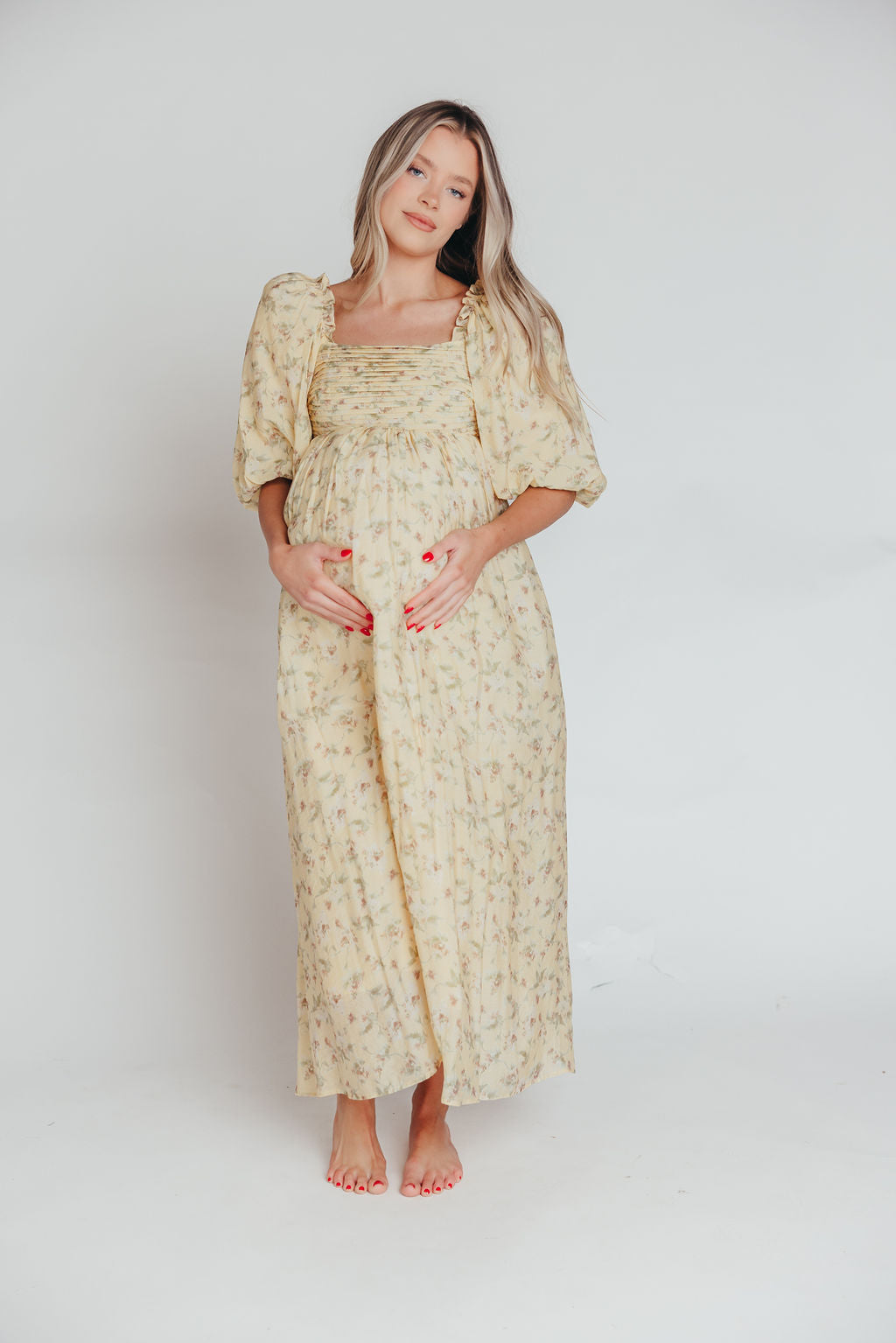 Melody Maxi Dress with Pleats & Bow Detail - Yellow Floral Print | Bump Friendly Maternity Dress | Inclusive Sizing (S-3XL) | Perfect for Weddings, Baby Showers & Summer Vacations
