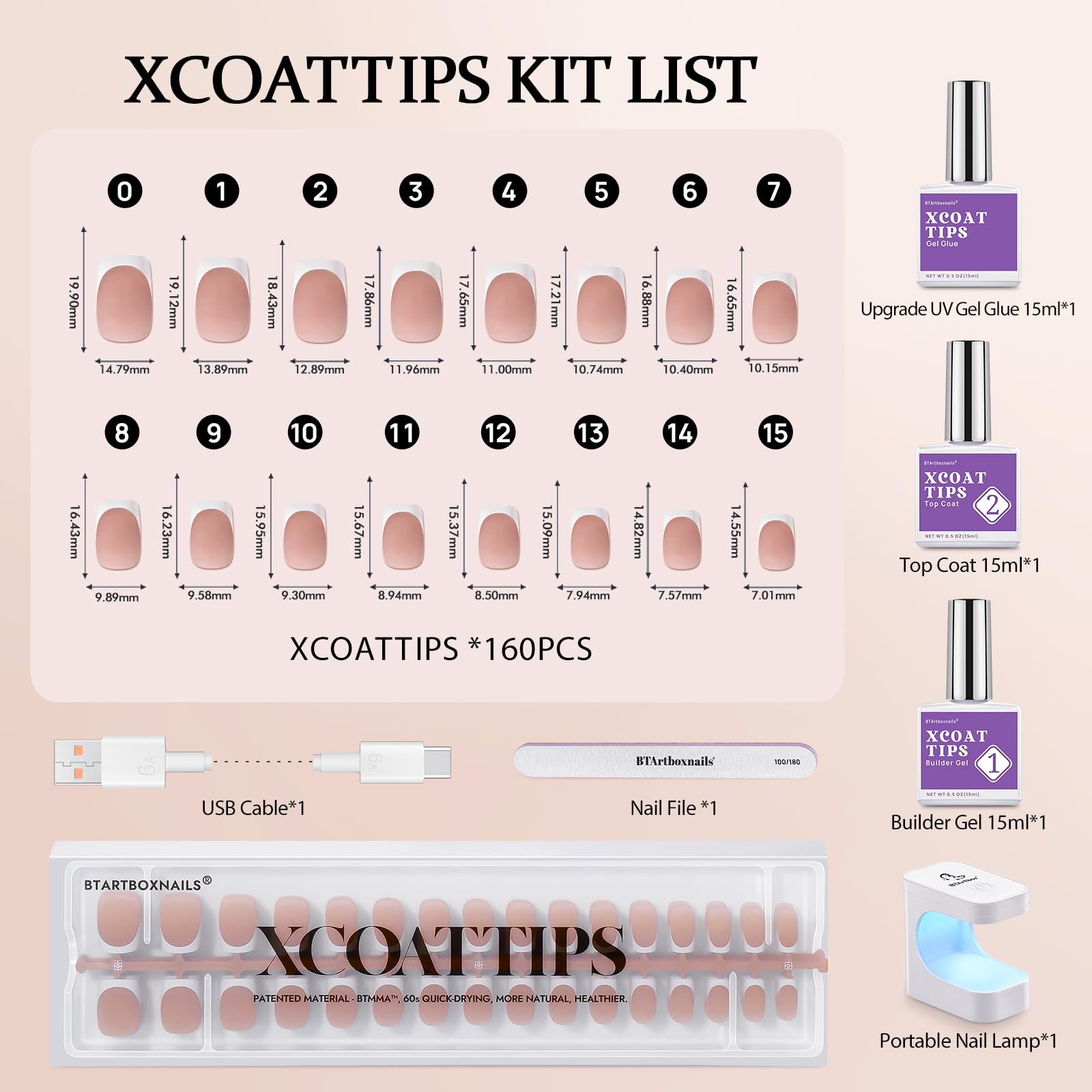 BTArtbox Nails XCOATTIPS Short Square Brown French Tip Nail Kit - Professional Gel Nail Extension Set with Nail Gel, Protecting Duo & UV Lamp for Salon-Quality Manicures at Home | Perfect for DIY Nail Art, Special Occasions & Gift Giving