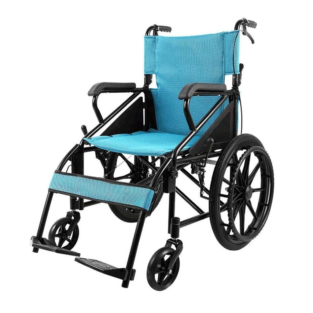 Ultralight Folding Wheelchair for Seniors & Disabled - Blue Aluminum Alloy Transport Chair with 100kg Weight Capacity | Portable, Attendant-Propelled Push Wheelchair for Travel & Daily Use