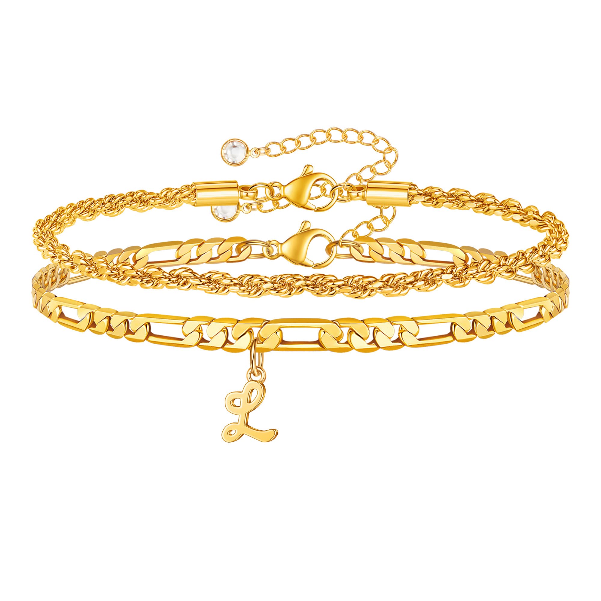 14K Gold Plated Initial Ankle Bracelet for Women - Personalized Cuban Link Chain Anklet with Rope Figaro Design | Perfect for Beach Vacation, Date Night & Everyday Jewelry