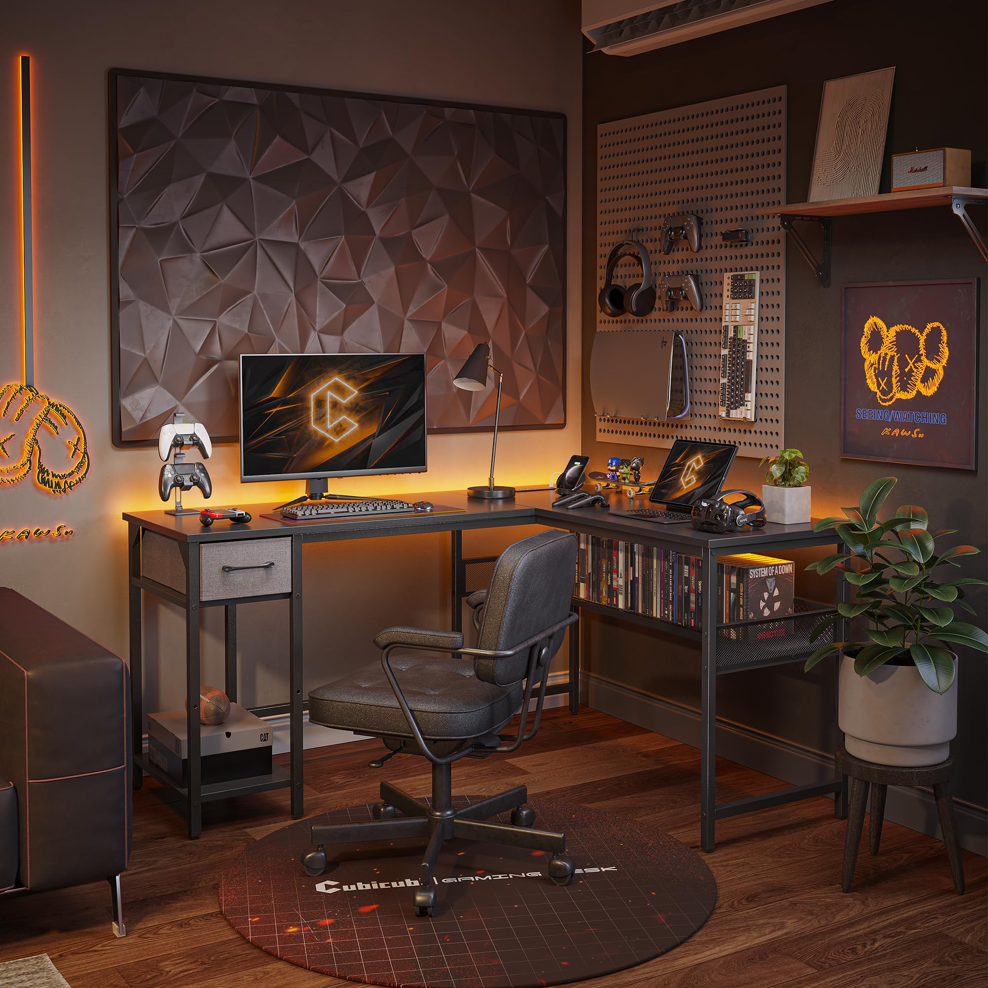 CubiCubi 58 Inch L-Shaped Gaming Desk with Power Outlets & USB Ports - Large Corner Computer Desk with Storage Shelves, Drawer & Bookshelf for Home Office - Black | Perfect for Gaming Setup & Workstation