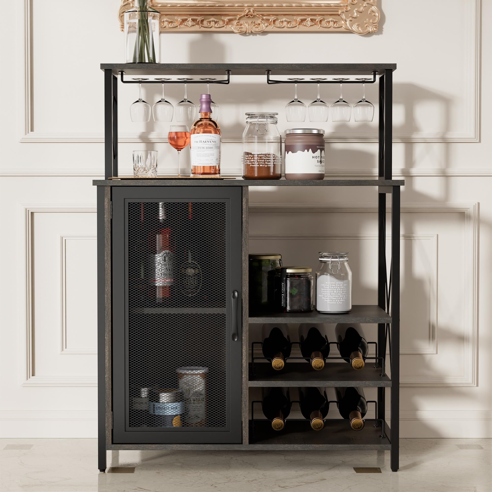 SunsGrove Wine Bar Cabinet with Removable Wine Rack & Coffee Bar - 3 Adjustable Open Shelves, Glass Holder & Mesh Door Buffet Cabinet - Dark Brown Sideboard for Dining Room, Kitchen or Living Room Storage