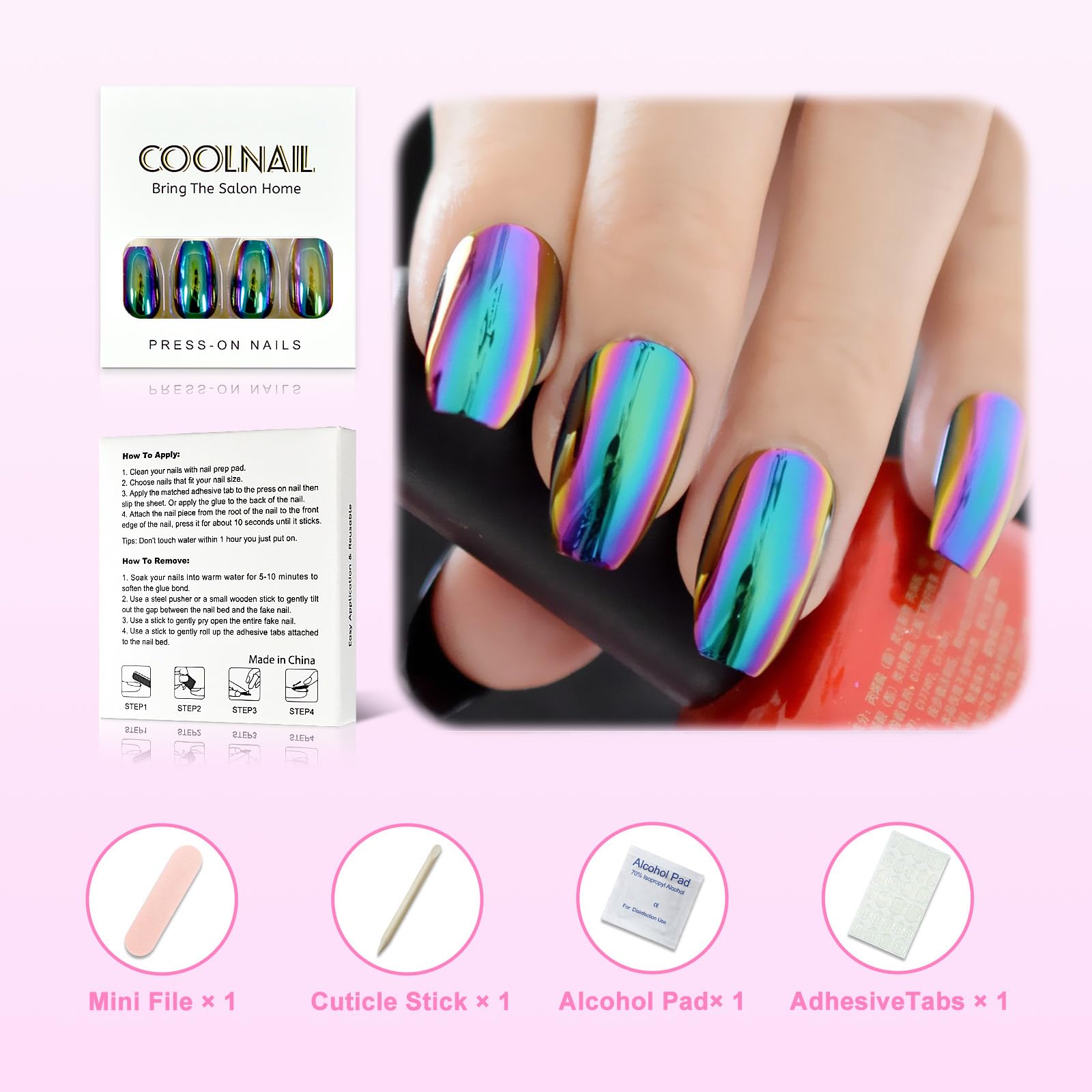 CoolNail Ballerina Coffin False Nails - Mirror Chrome Finish with Solid Reflection Magic Effect in Green Purple Holographic Colors | Perfect for Parties, Prom, Weddings & Special Occasions