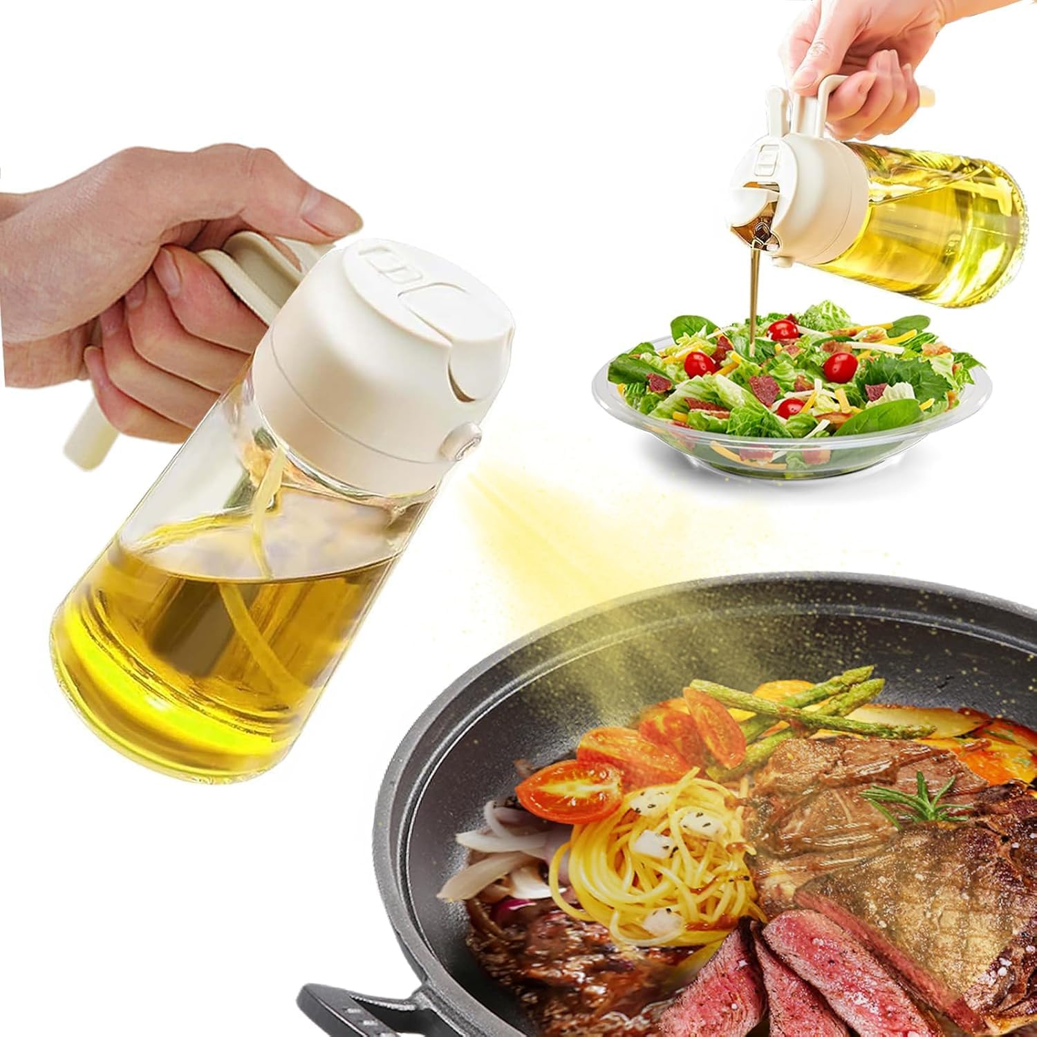 16oz/470ml Glass Oil Dispenser & Sprayer - Premium Olive Oil Pourer for Kitchen, Air Fryer, Cooking, Salad, BBQ - Drizzle Control & Leak-Proof Design (White) - Perfect for Healthy Cooking, Baking & Meal Prep