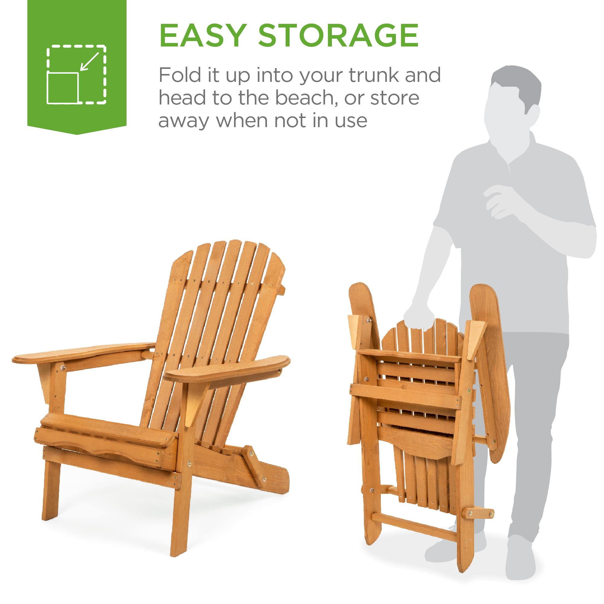 Best Choice Products Folding Adirondack Chair - Natural Wood Outdoor Lounge Chair with 350lb Weight Capacity for Patio, Garden, Yard & Fire Pit Relaxation - Perfect for Backyard, Poolside & Camping