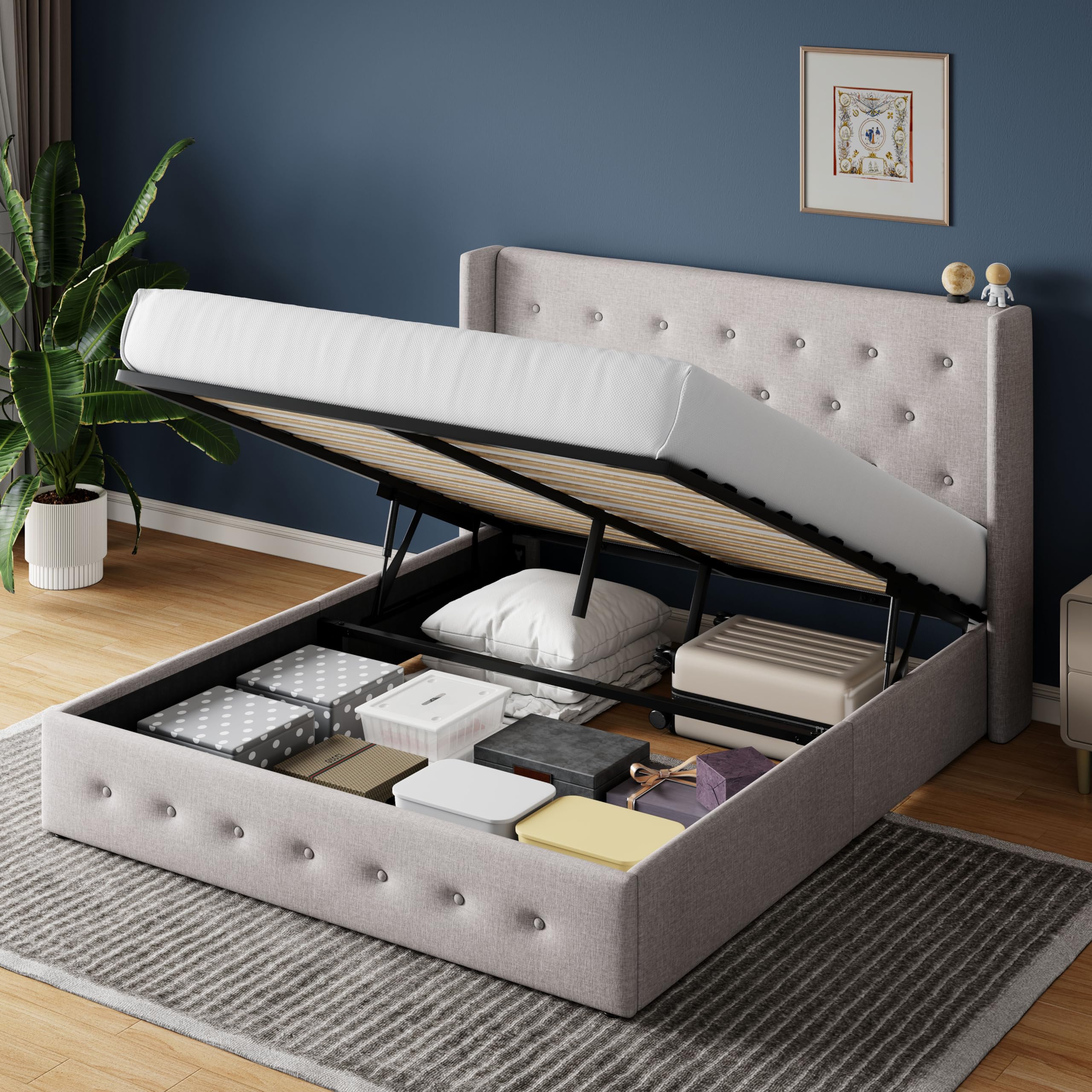 HOOMIC Full Size Lift Up Storage Bed with Wingback Headboard - Heavy Duty Hydraulic Platform Bed Frame with Large Underbed Storage, Wooden Slats Support & Noise-Free Design in Beige | Perfect for Small Spaces, Guest Rooms & Modern Bedrooms