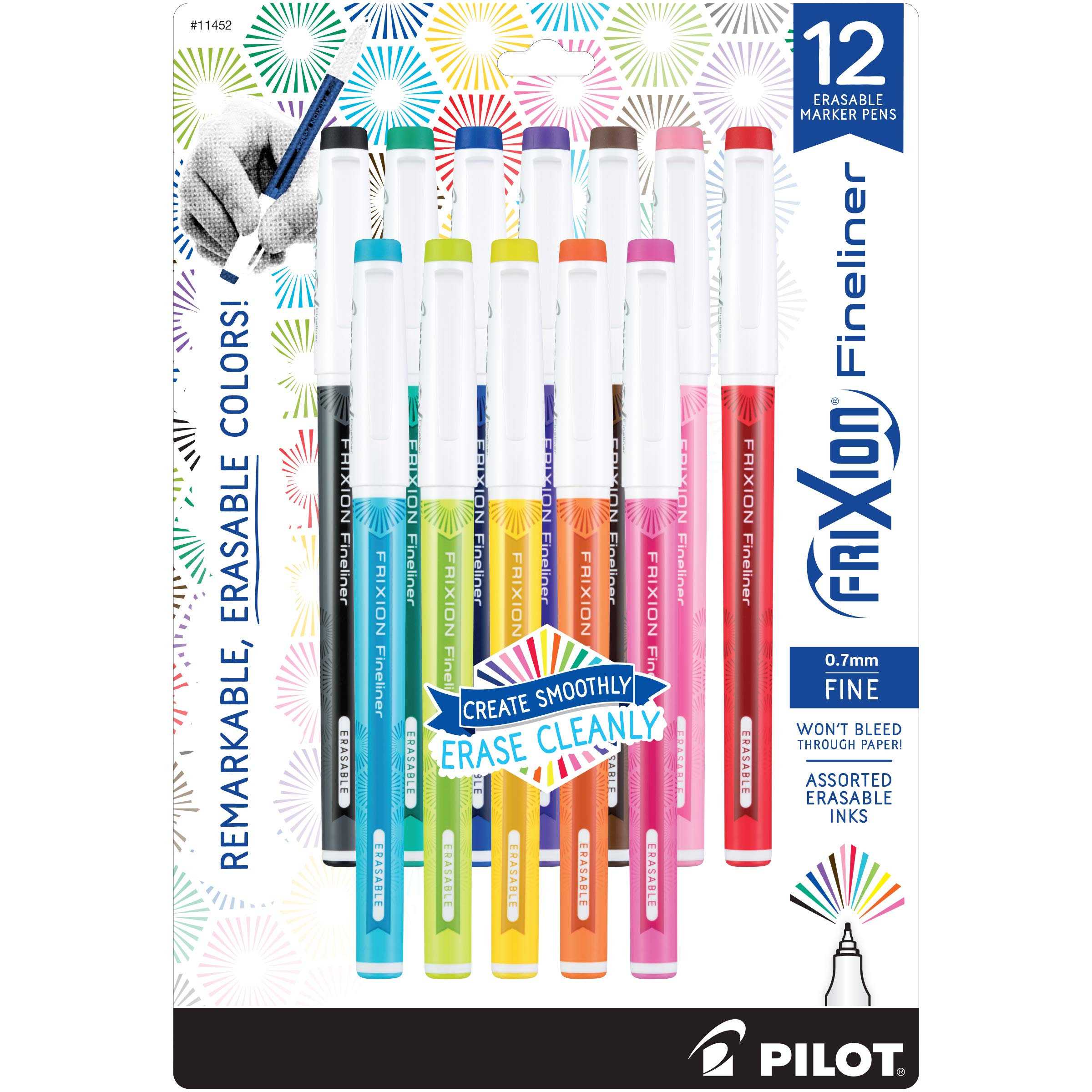 PILOT FriXion Fineliner Erasable Marker Pens - 0.4mm Fine Point, 12 Assorted Colors (Black, Blue, Red & More) - Perfect for Note Taking, Bullet Journaling, Art Projects & Office Work (Model 11452)
