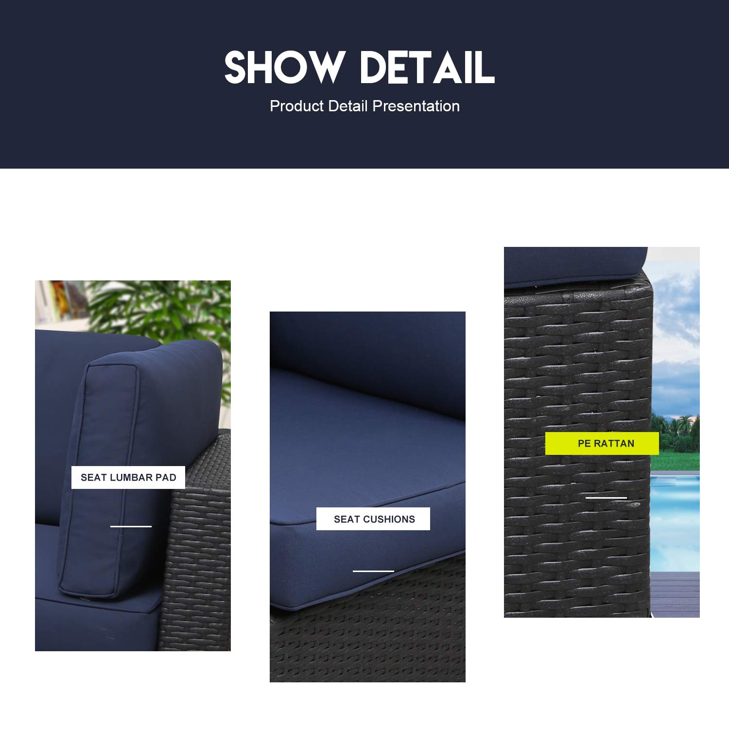 3PCs Outdoor Rattan Sectional Sofa Set - Waterproof Patio Wicker Furniture with Washable Cushions (Dark Blue) for Backyard, Garden & Poolside Relaxation