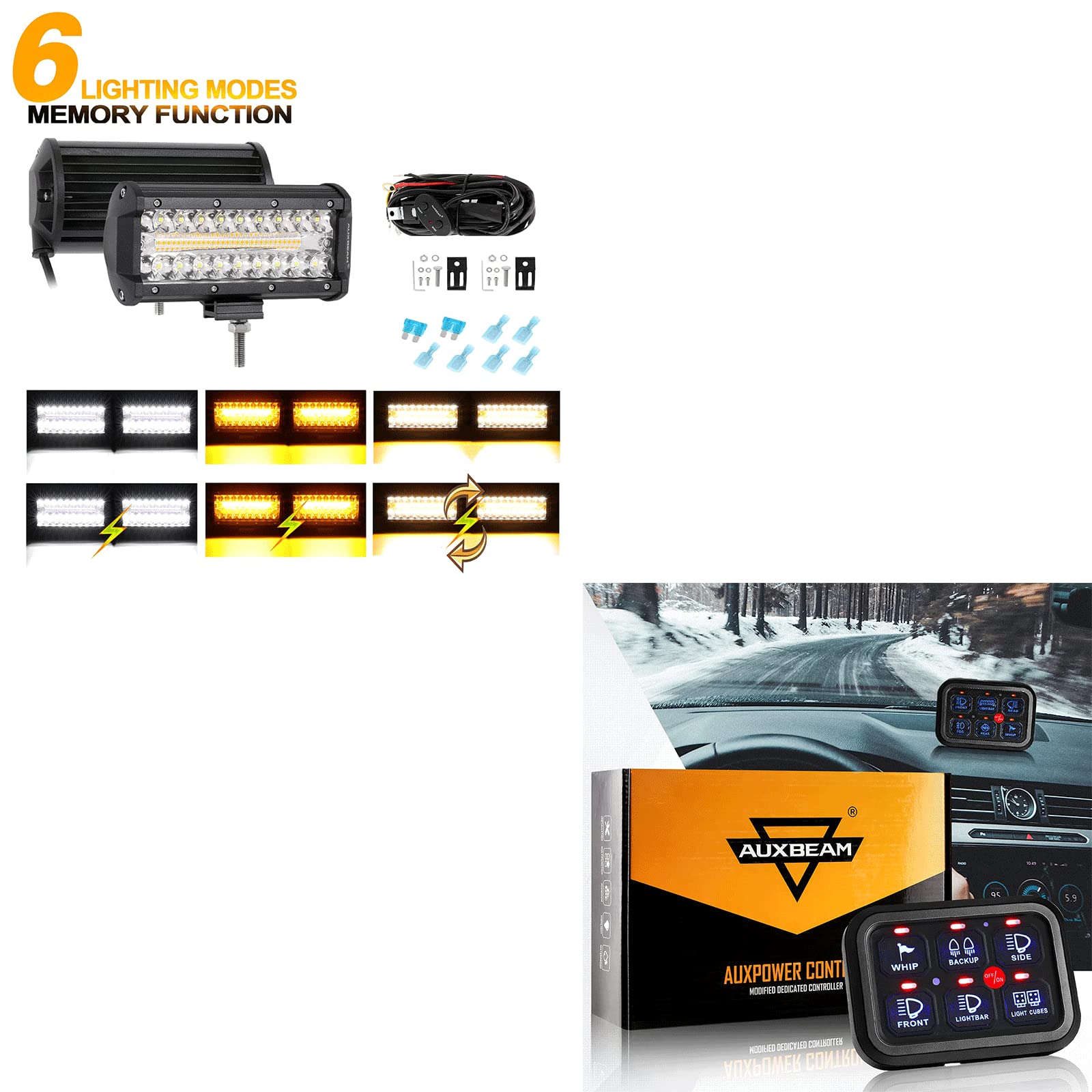 Auxbeam 6 Gang Switch Panel with 7in 300W 6-Mode Strobe LED Light Pod & 10FT Wiring Harness - Memory Function - Perfect for Off-Road Vehicles, Trucks, Jeeps & Marine Applications