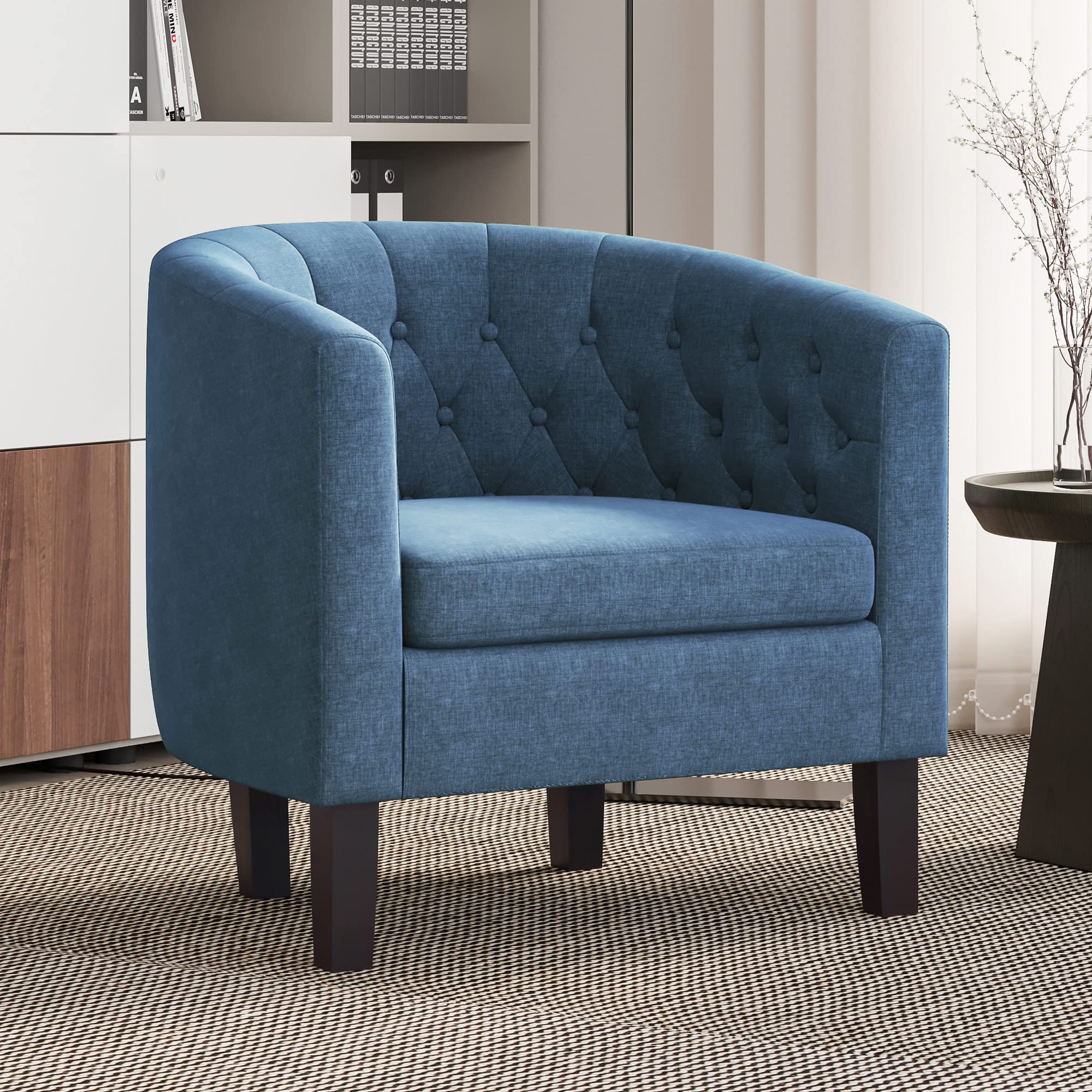 BELLEZE Navy Blue Accent Chair - Elegant Tufted Upholstered Barrel Club Chair with Sturdy Legs & Linen Fabric for Living Room & Bedroom | Perfect for Reading Nooks, Home Office & Lounge Areas (Berlinda Collection)