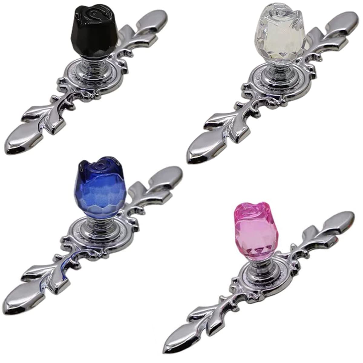 4 Pack Rose Flower Clear Crystal Glass Drawer Knobs with Plates & Screws - Small Pink Cabinet Pull Handles for Dresser, Cupboard, Kitchen & Office Decoration | Elegant Home Upgrade & DIY Furniture Makeover