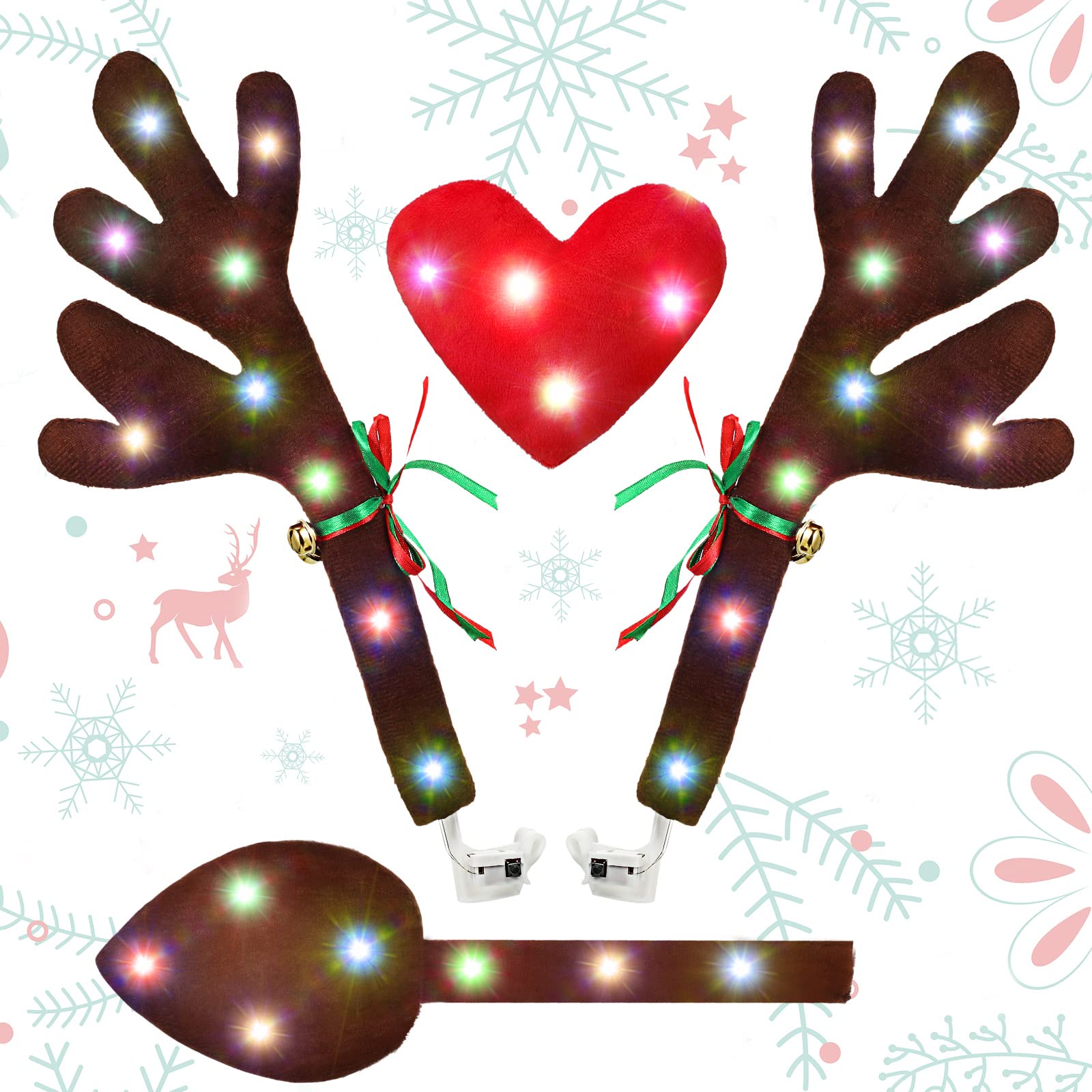 LED Reindeer Christmas Car Antlers Kit with Nose & Tail - Fun Holiday Car Decor for Christmas Parades & Festive Road Trips