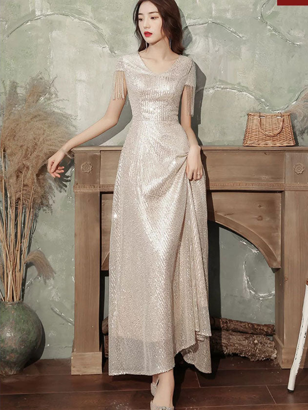 Sparkly Sequined A-Line V-Neck Maxi Dress for Women - Elegant Evening Gown for Prom, Party & Special Occasions