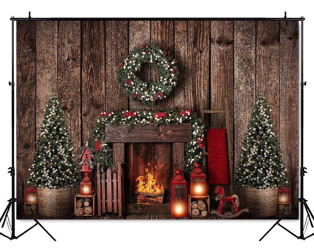 Brown Wood Christmas Fireplace Backdrop with Xmas Tree & Wreath - 8x6ft Holiday Photo Booth Background for Newborn Baby, Kids Portrait Photography | Perfect for Christmas Parties, Family Gatherings & Festive Home Decor
