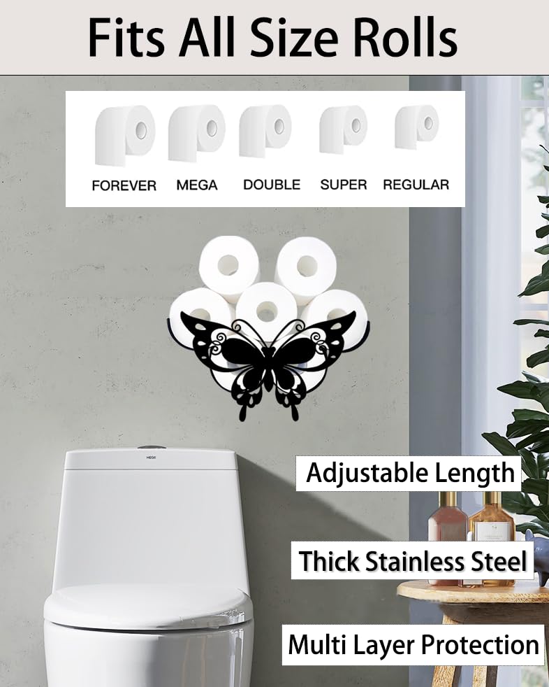 Funny Butterfly Toilet Paper Holder - Metal Wall Mounted Black Bathroom Tissue Roll Dispenser for 8 Rolls - Universal Fit Paper Roll Storage Shelf - Bathroom Floor Decor Accessories - Perfect for Home, Office, and RV Bathrooms