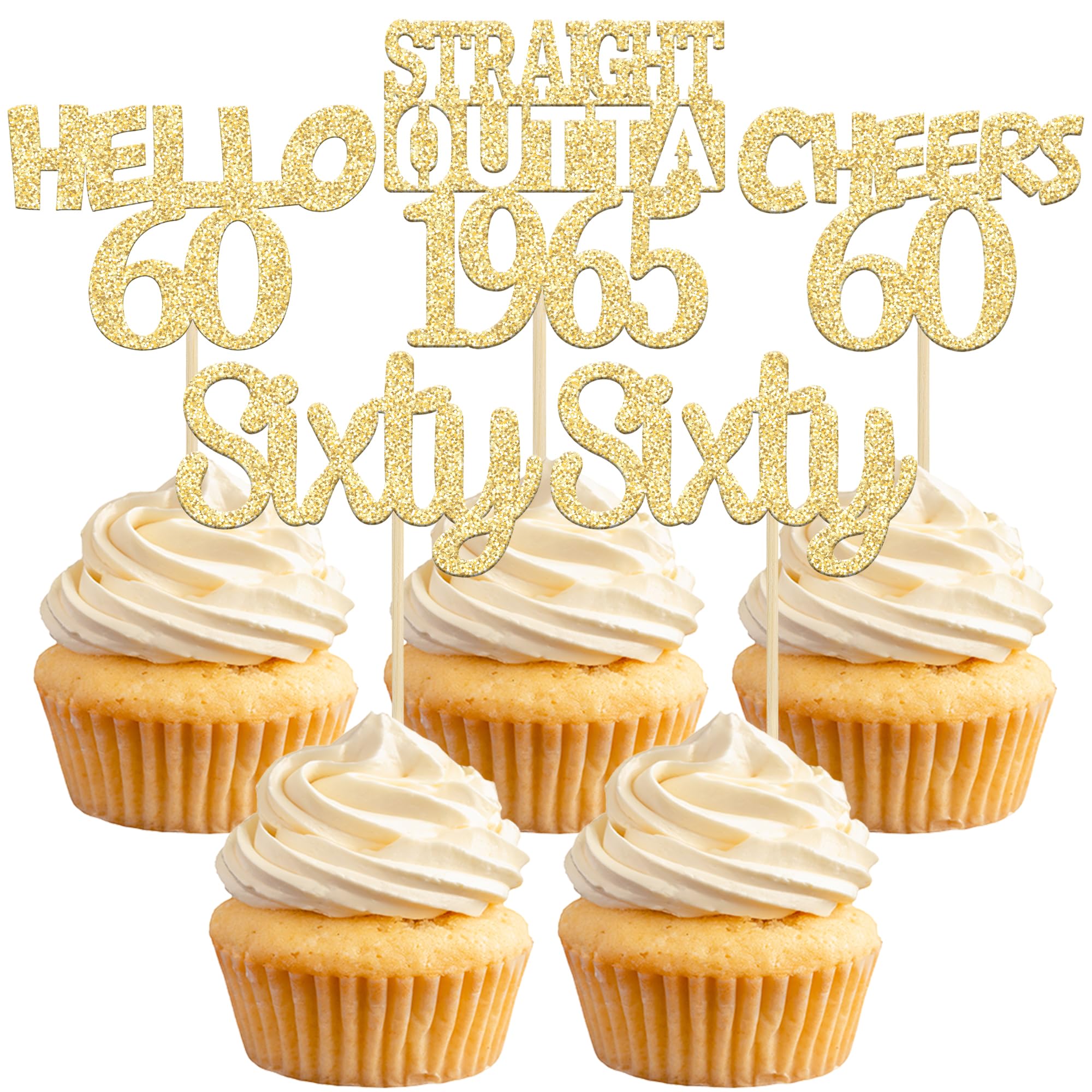 24 Pack Gold Glitter 60th Birthday Cupcake Toppers - Sixty Straight Outta 1965, Hello 60 Cake Decorations for Anniversary Parties, Cheers to 60 Years - Perfect for Milestone Celebrations & Retirement Parties
