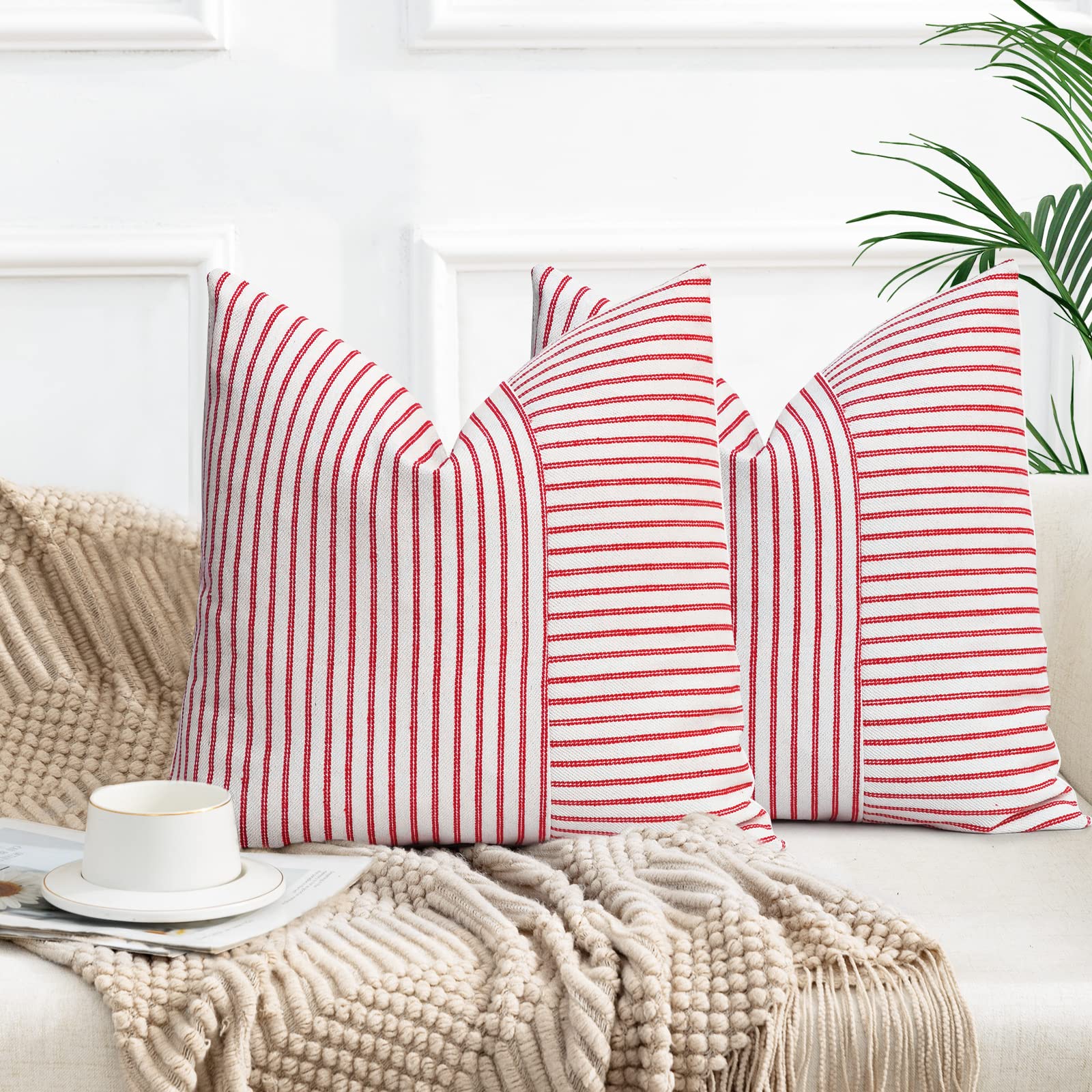 YCOLL Christmas Pillow Covers 18x18 Inch Set of 2 - Red and Cream Striped Linen Boho Throw Pillow Covers for Couch, Bedroom, Sofa - Holiday Home Decor & Christmas Decorative Pillow Cushion Covers - Perfect for Festive Living Room & Seasonal Home Staging