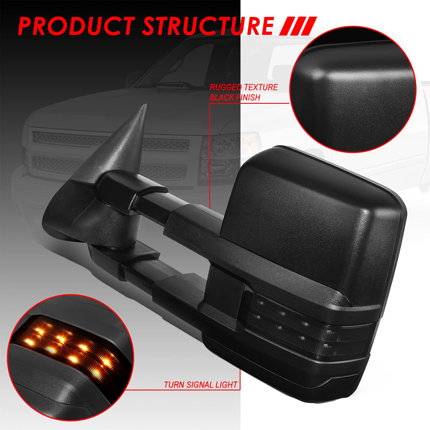 Auto Dynasty Black Power Heated Smoked LED Turn Signal Lights Tow Mirrors for 2003-2007 Chevy Silverado Tahoe GMC Sierra Yukon - Upgrade Your Truck for Winter Driving & Towing Safety
