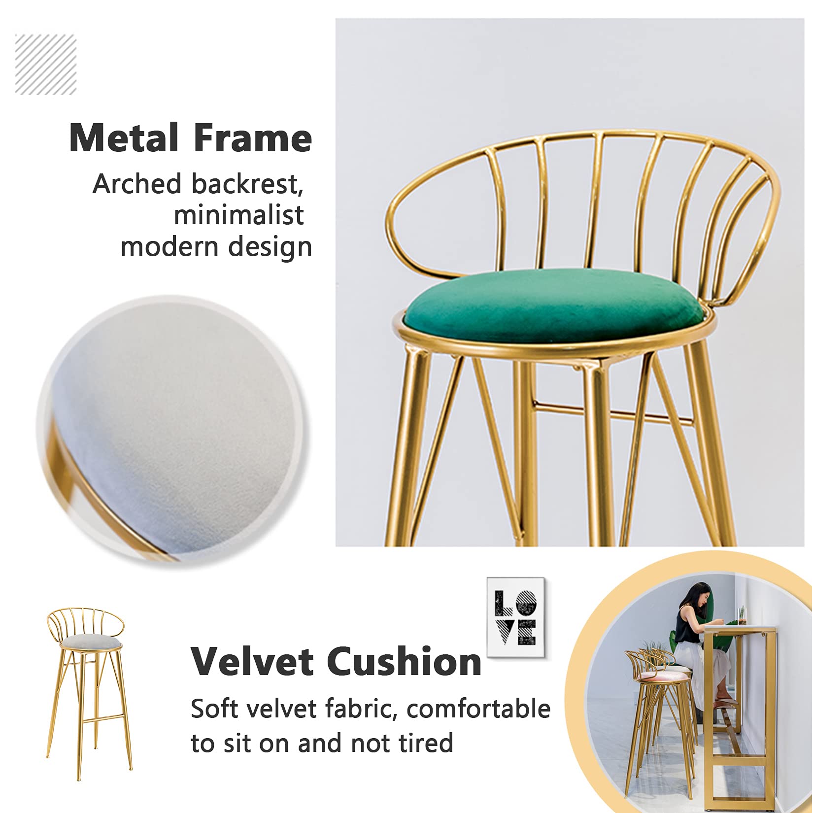 Velvet Bar Stools with Backrest & Metal Footrest - Adjustable Height Kitchen Counter Chairs for Breakfast Nook, Home Bar & Dining Room - Set of 2 Modern High Stools