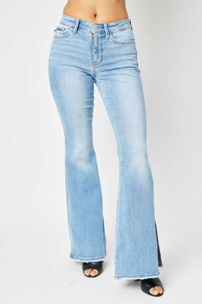 Judy Blue Women's Full Size Mid Rise Raw Hem Slit Flare Jeans - Comfortable Stretch Denim Pants for Casual Wear & Everyday Outfits