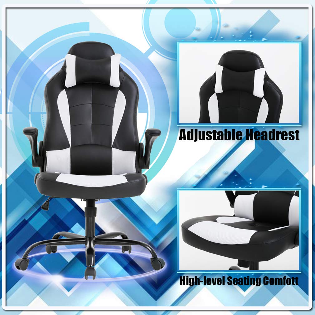 Premium Ergonomic PC Gaming Chair with Massage & Lumbar Support - Heavy Duty Racing Style Office Chair with Adjustable Headrest & Flip-Up Arms - Best Home & Video Game Desk Chair for Long Gaming Sessions - White
