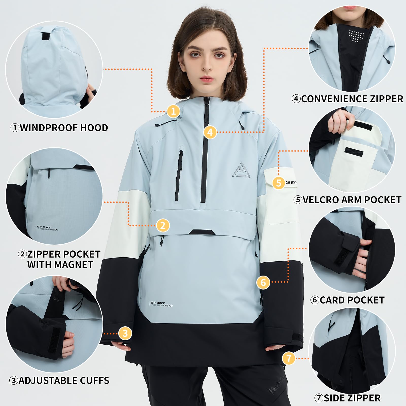 Waterproof Insulated Ski Jacket for Men & Women - Warm Snowboard Anorak Coat with Hood, Baggy Pullover Design for Winter Sports & Outdoor Activities