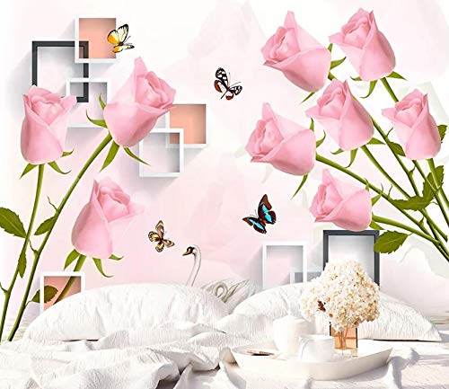 3D Pink Rose Wallpaper Decal - Self-Adhesive Vinyl Wall Mural (82