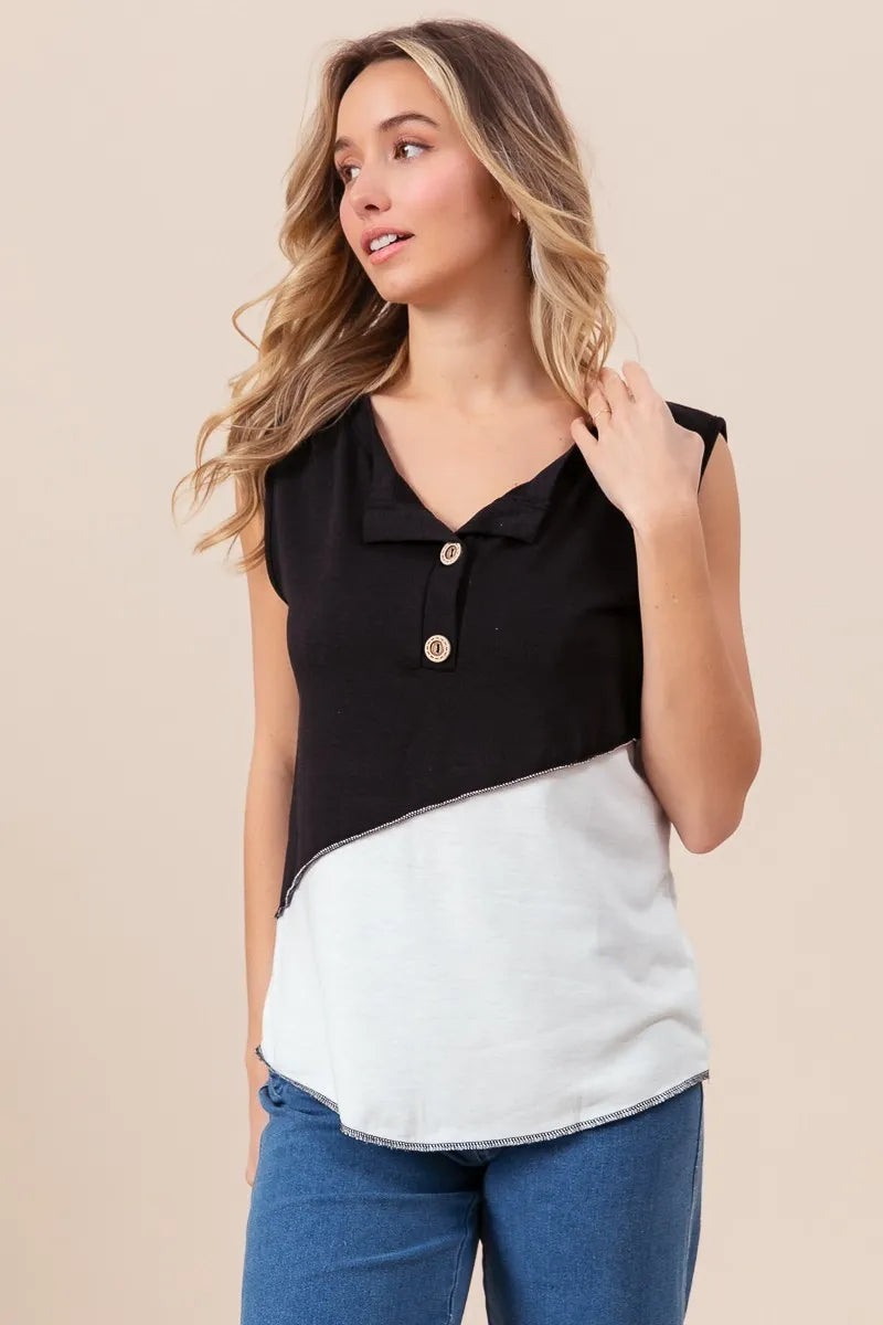 Stylish BiBi Color Block Contrast Stitching Buttoned Henley Top for Women | Trendy Casual & Workwear Blouse | Perfect for Office, Dating & Weekend Outfits