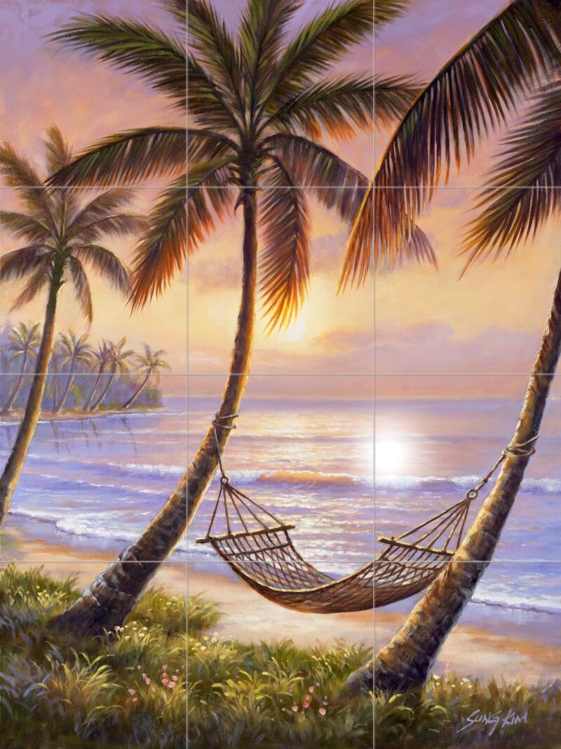 Ceramic Backsplash Tile Mural - Beach Sunset Ocean Scene for Kitchen, Bathroom & Shower - Coastal Decor - Sunset Siesta by Sung Kim - Perfect for Beach House, Coastal Kitchen or Bathroom Renovation