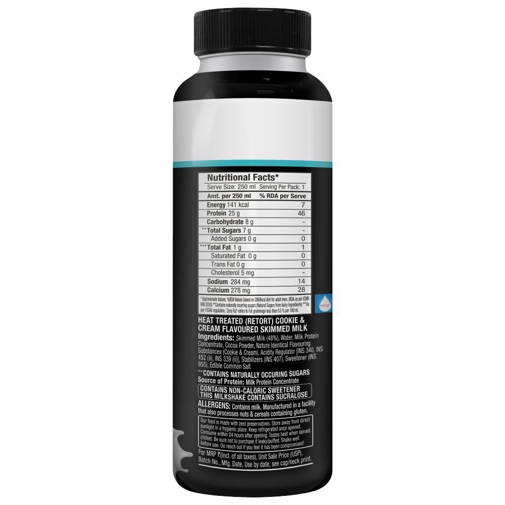 Epigamia Turbo 25g High Protein Milkshake - Cookies & Cream Flavor, 250ml | Post-Workout Recovery Drink & Healthy Snack for Fitness Enthusiasts