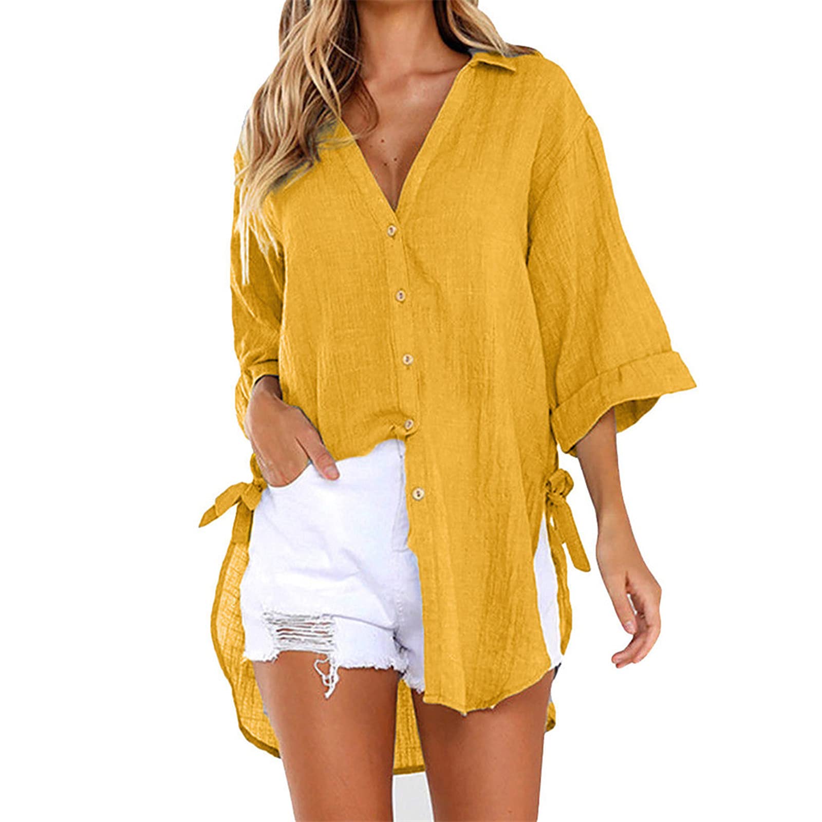 Women's Short Sleeve Button Down Shirts - V Neck Collared Blouse with Pockets, Plus Size Work Tops (Casual Office Wear & Everyday Outfits)