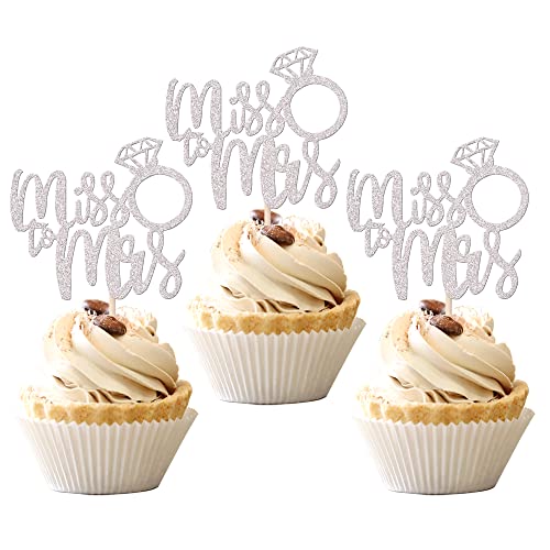 36 PCS Silver Miss to Mrs Cupcake Toppers with Ring - Wedding Engagement Cake Decorations for Bridal Shower, Bachelorette Party & Birthday Celebrations - Perfect for Dessert Table Displays and Photo Backdrops