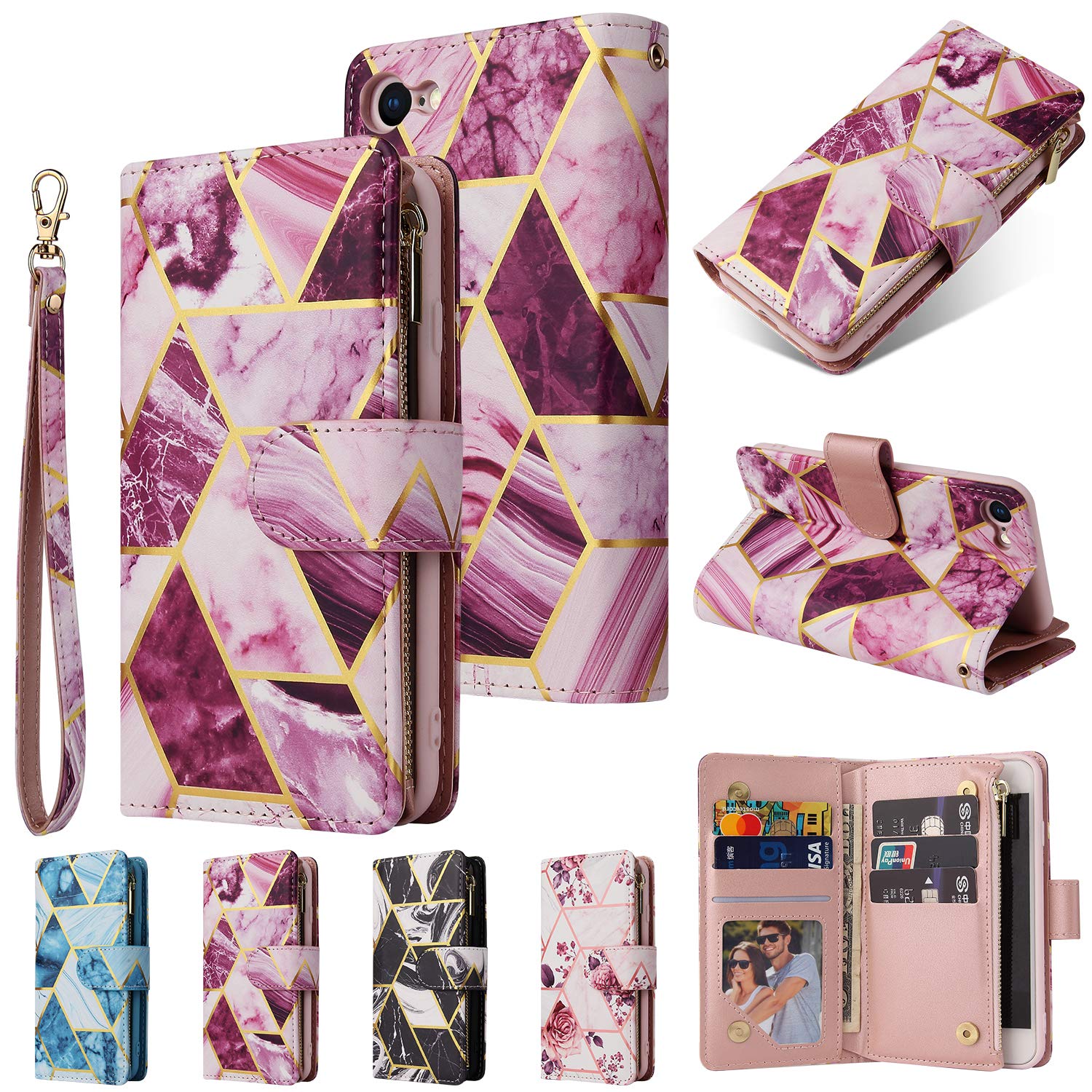 UEEBAI Premium PU Leather Wallet Case for iPhone SE 2022 5G/iPhone 7/iPhone 8/iPhone SE 2020/SE3/SE2 - Magnetic Closure, Zipper Cover, Kickstand & Card Slots (Pink Flower) | Perfect for Daily Use, Travel & Hands-Free Viewing