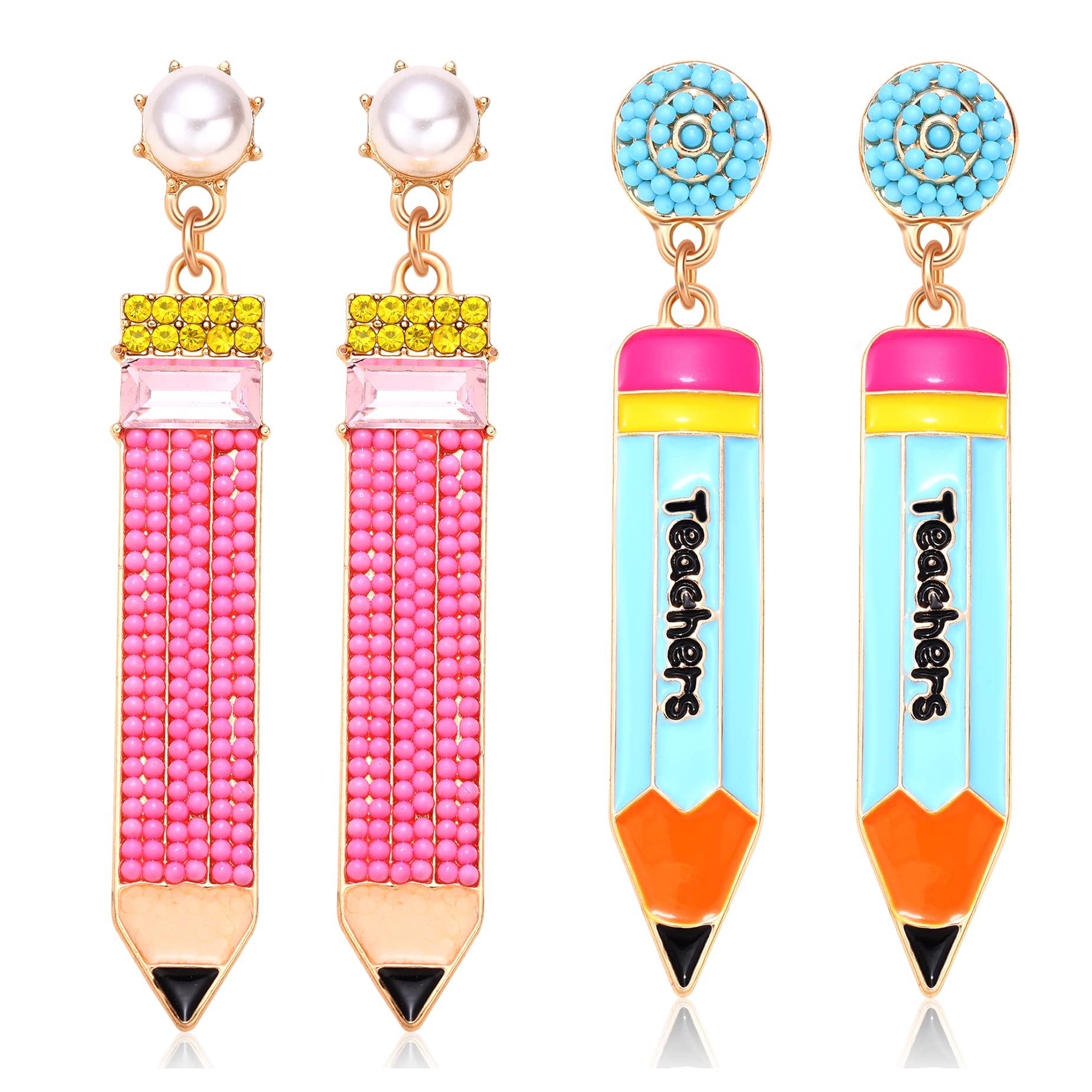 2 Pairs Hypoallergenic Pencil Earrings for Women - Beaded Pearl Teacher Dangle Earrings & Cute Student Stud Drop Earrings - Perfect for Teacher Appreciation Day, Back to School Jewelry Gifts - Great for Classrooms, Graduation Parties & School Events