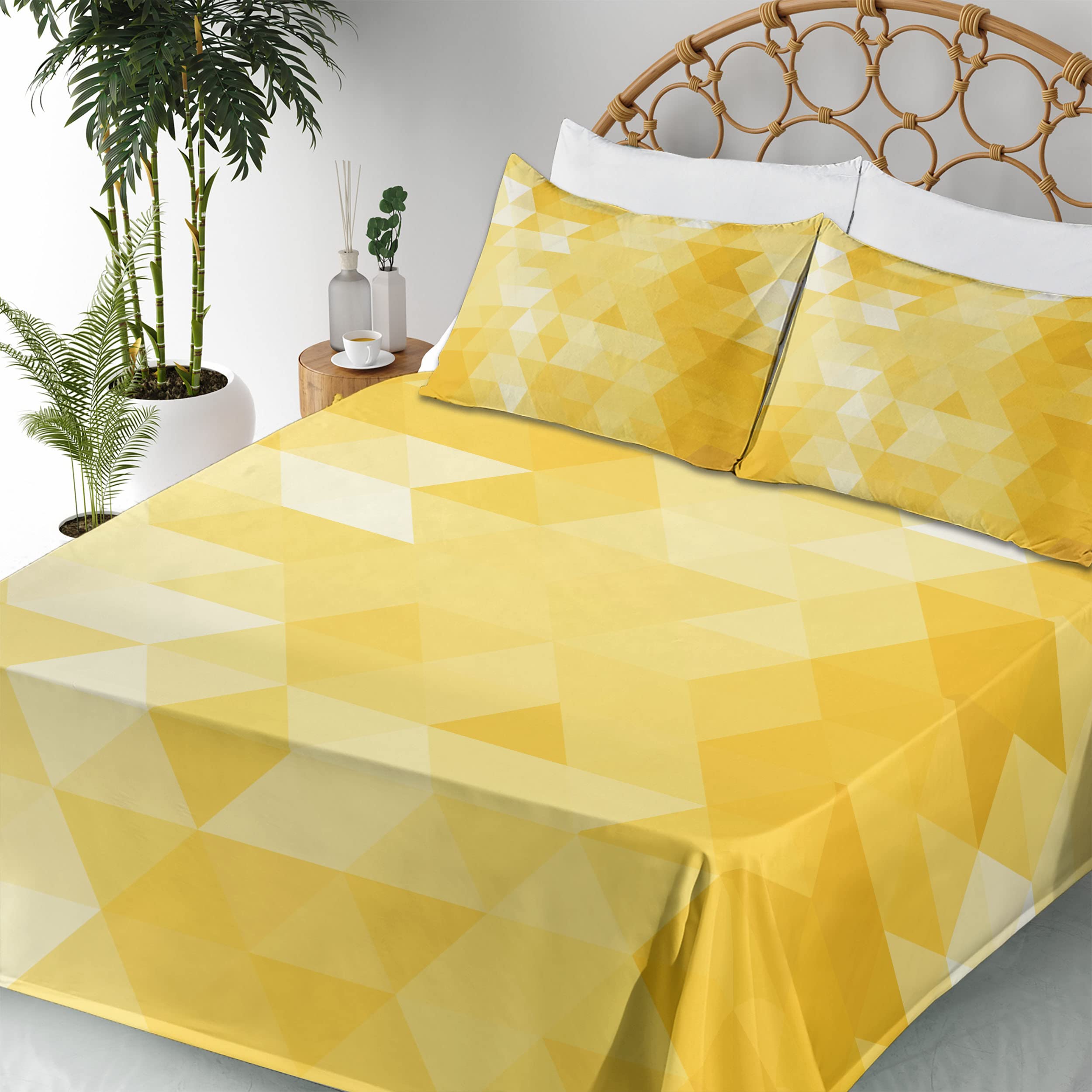 Ambesonne Yellow 4-Piece King Sheet Set - Abstract Triangle Geometric Pattern with Modern Mosaic Design, Fitted & Flat Sheets + Pillowcases | Soft Bedding for Modern Bedrooms, Guest Rooms & Dorm Decor