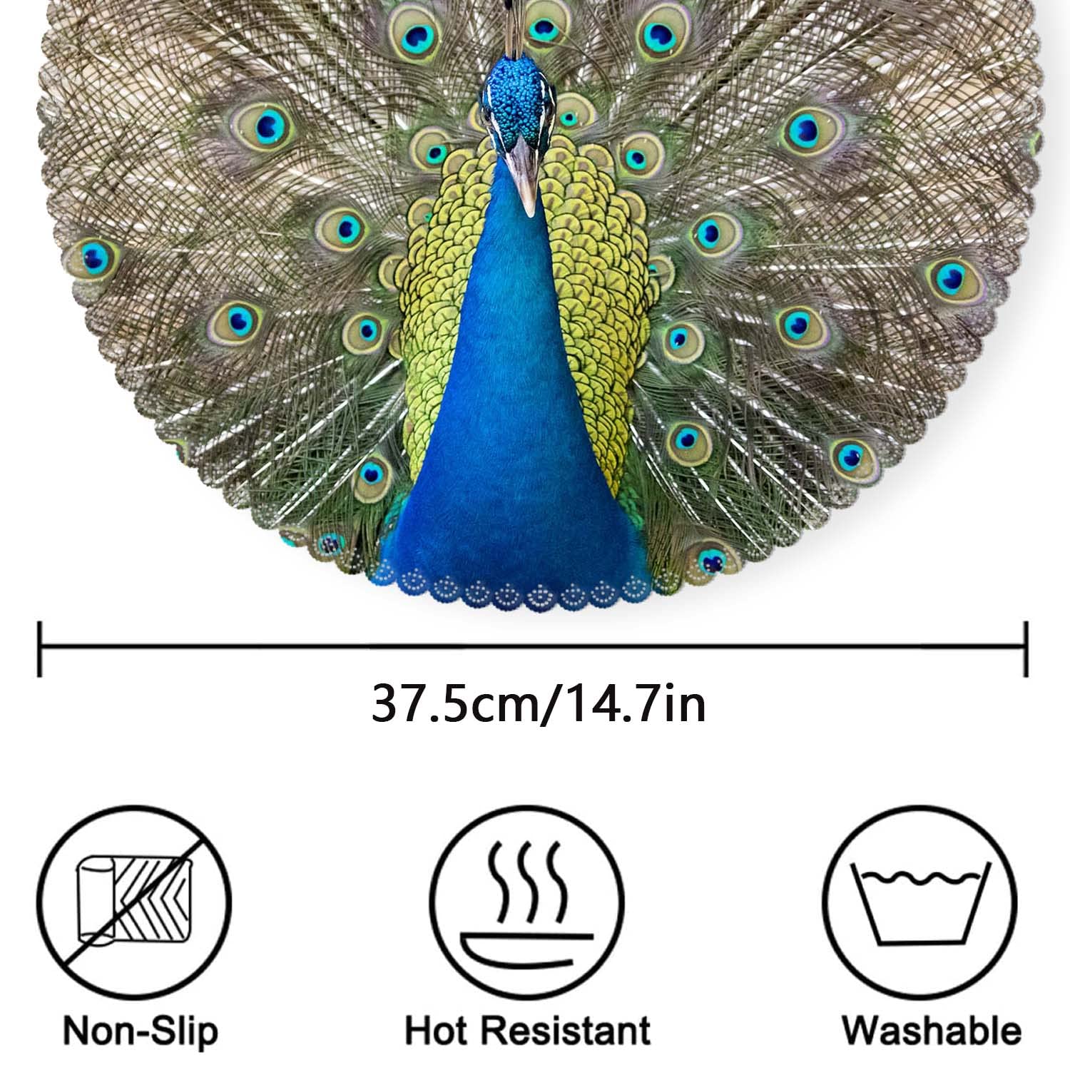Round Heat-Resistant Washable Polyester Placemats Set of 4 - Peacock Design for Kitchen & Dining Table Decor | Perfect for Everyday Meals, Dinner Parties, and Holiday Gatherings