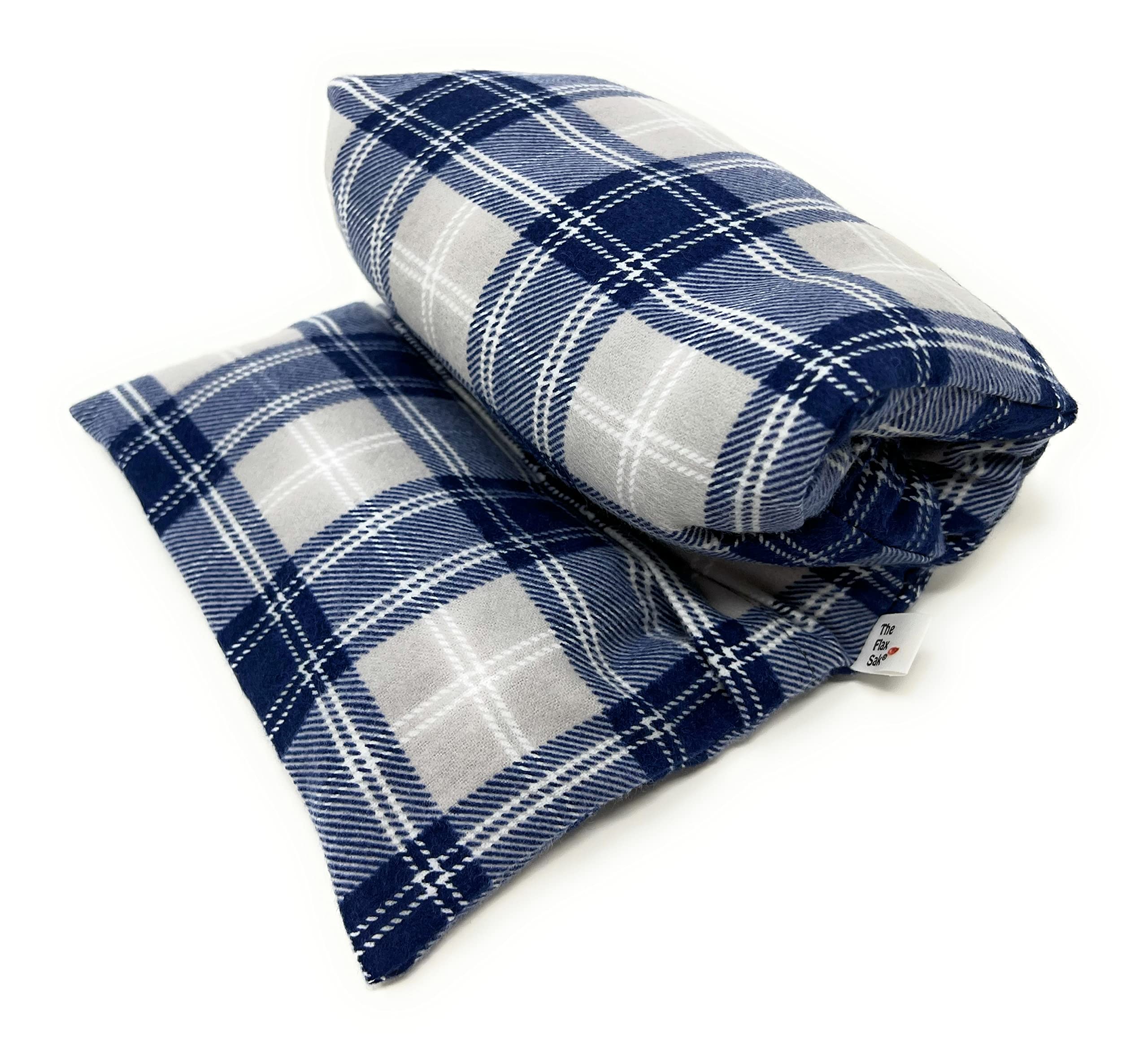 Organic Reusable Unscented Flax Seed Heating Pad - Large Hot & Cold Therapy Pack for Back Pain, Cramps, Neck & Shoulder Relief - Microwaveable, Blue Grey Plaid Design - Perfect for Home, Office & Travel Use
