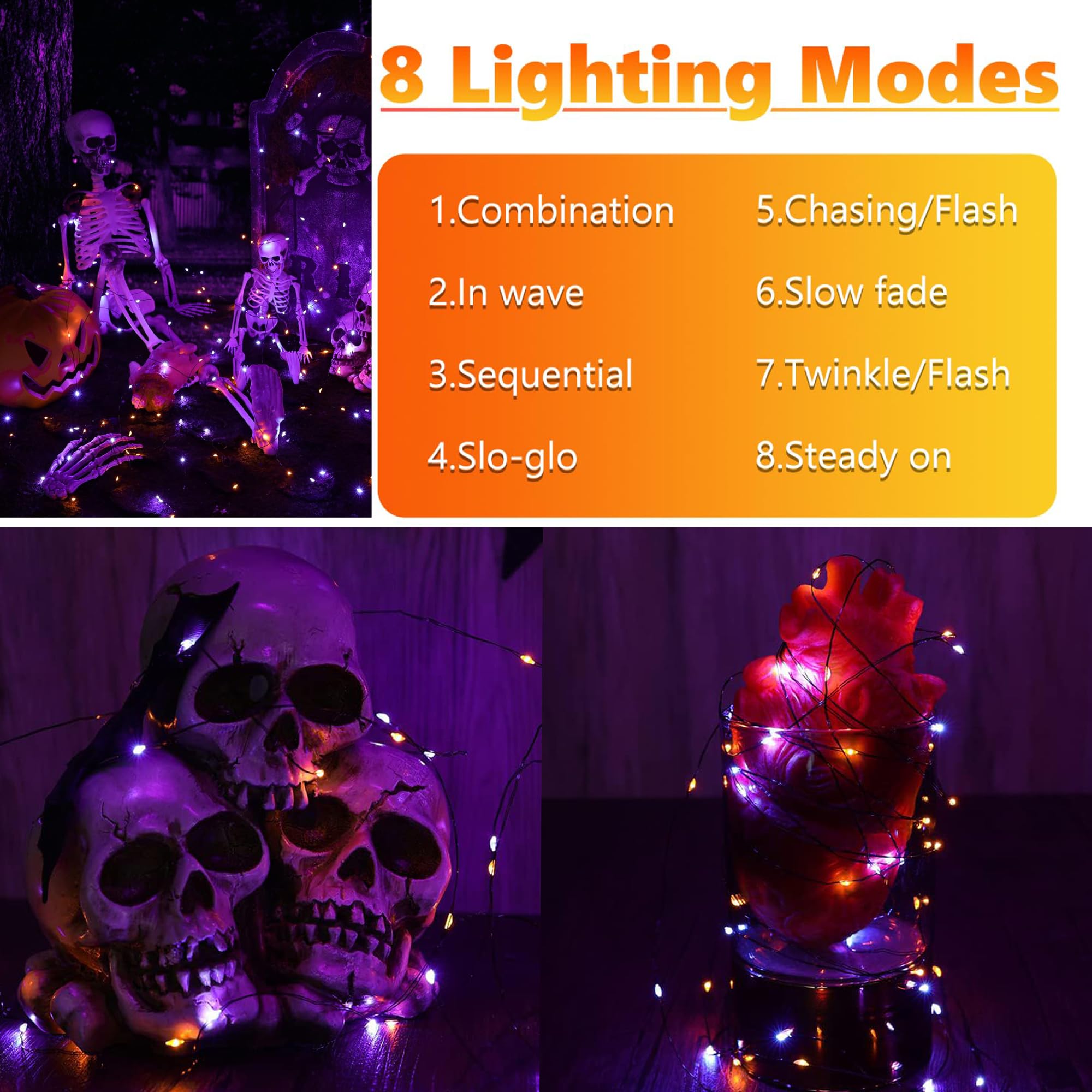 Joomer 2-Pack 100ft Solar String Lights - 300 LED Orange & Purple Halloween Fairy Lights with 8 Modes, Waterproof & Black Wire - Perfect for Halloween Decorations, Garden, Patio, and Outdoor Party Lighting