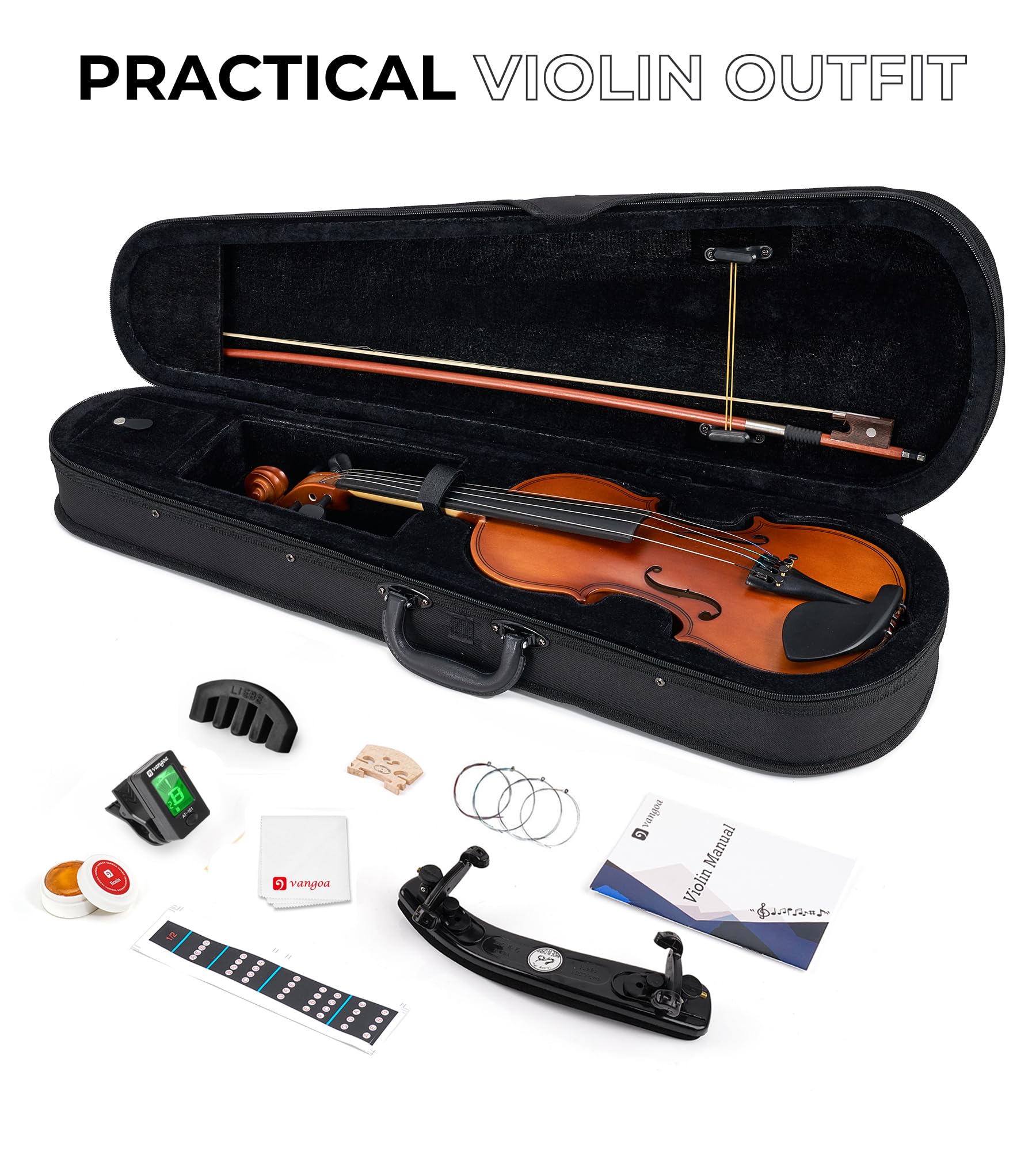 Vangoa 3/4 Size Acoustic Violin Fiddle - Complete Beginner Starter Kit with Case, Rosin, Shoulder Rest, Tuner, Strings, Bow & Accessories - Perfect for Students & Kids Learning Violin at Home or School