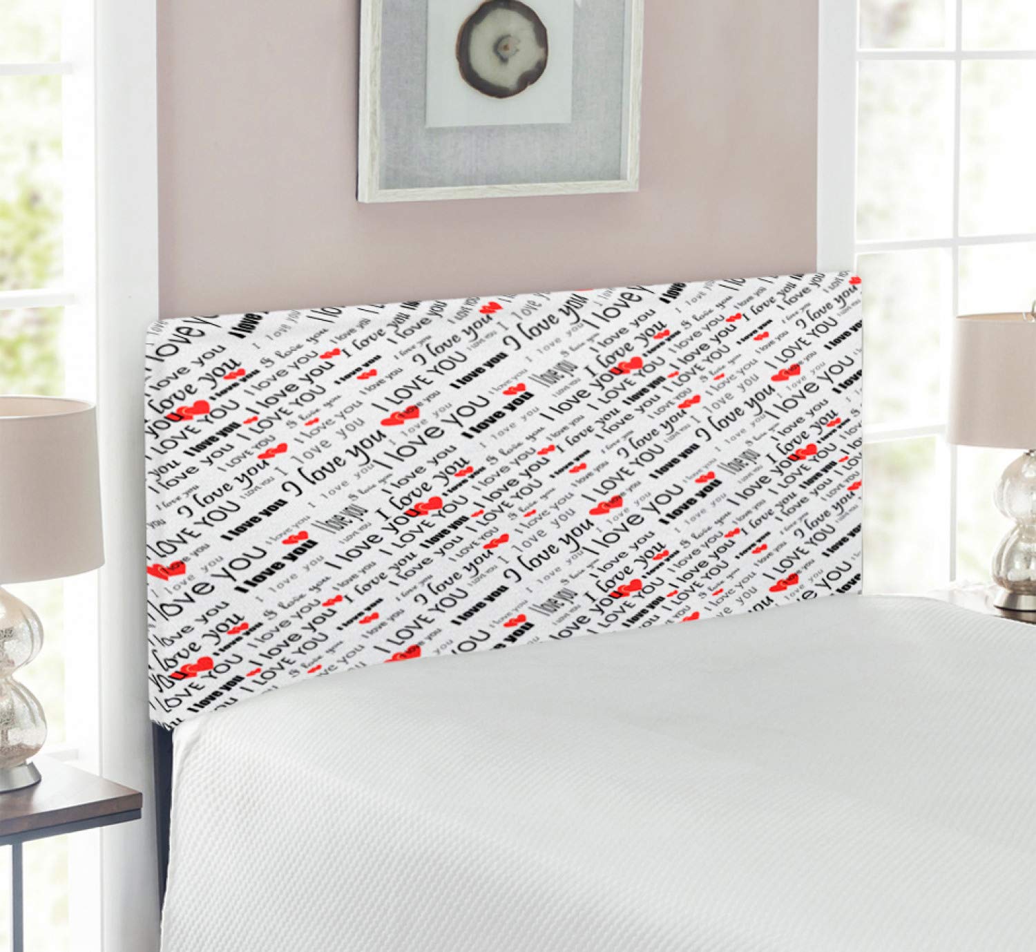 Ambesonne Romantic 'I Love You' Upholstered Headboard with Hearts & Multilingual Text - Twin Size Metal Bed Frame in Red, White & Black - Perfect for Couples' Bedroom Decor & Valentine's Day Gifts