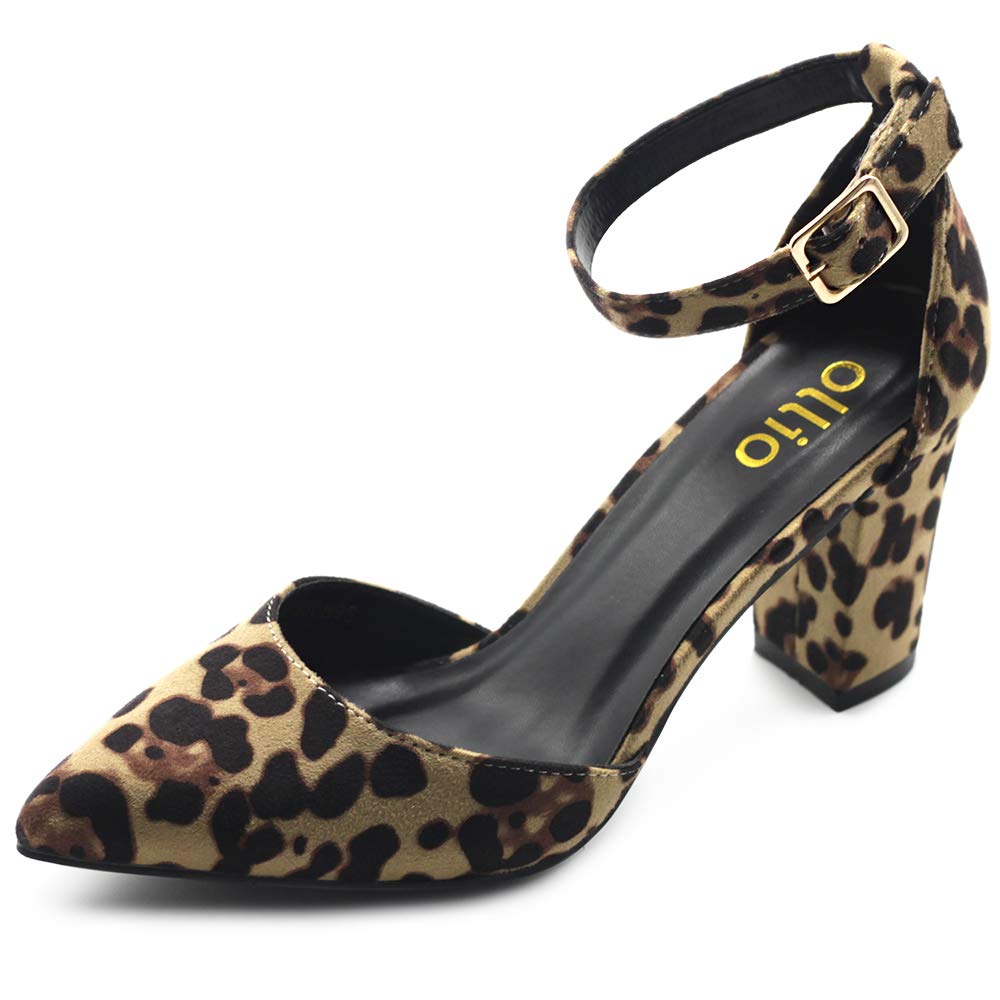 Ollio Women's Pointed Toe Pumps with Ankle Straps - Chunky Heels Dress Shoes for Work, Party & Wedding - Comfortable Women's Dress Heels H95