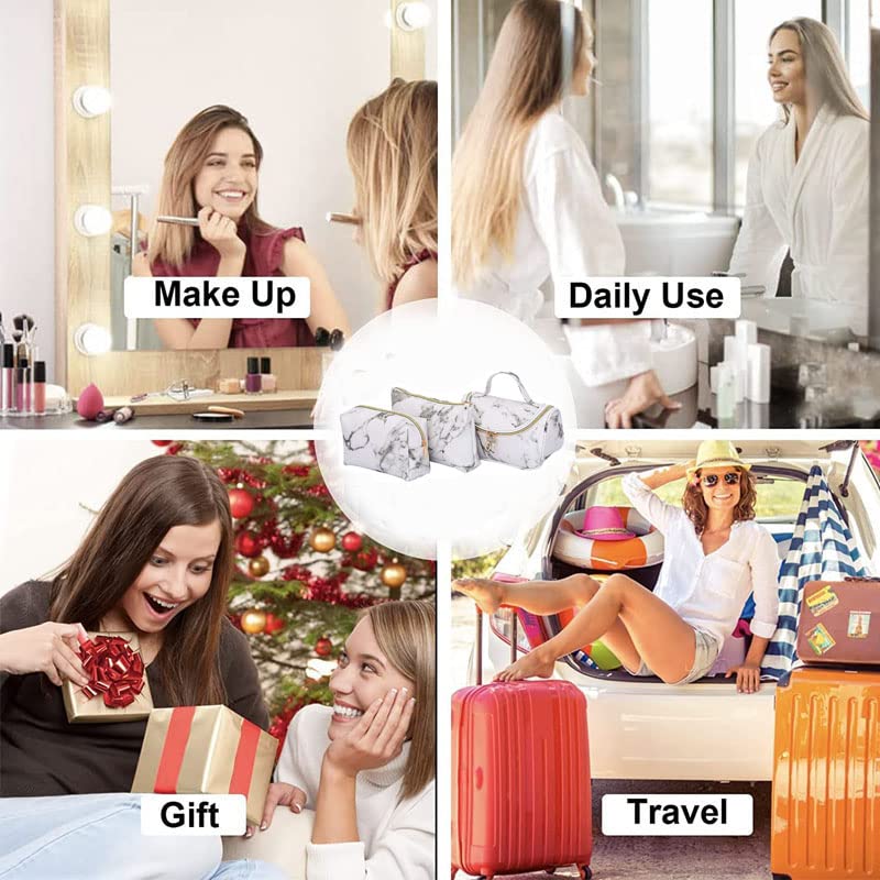 3 Pack Waterproof Marble Makeup & Toiletry Travel Bags - Portable Cosmetic Organizer for Women & Girls | Perfect for Travel, Gym, and Daily Essentials Storage