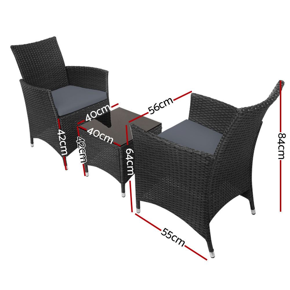 Gardeon 3-Piece Black Wicker Outdoor Bistro Set - Patio, Garden, and Backyard Dining Furniture for Small Spaces