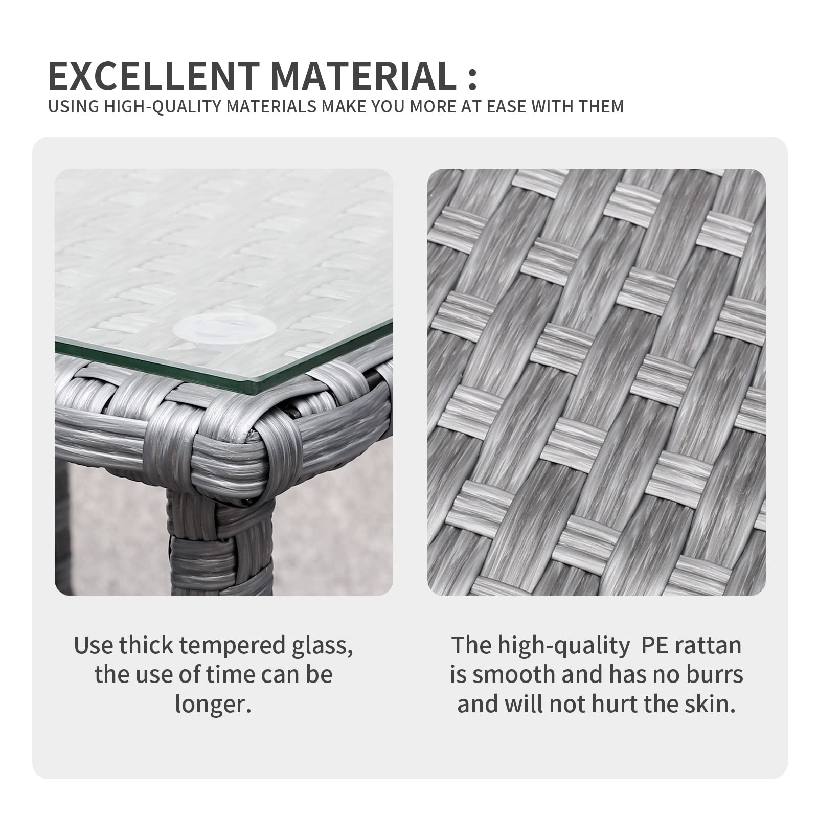 Outdoor Wicker Glass Top Side Table with Storage - Grey Rattan Square Patio End Table for Garden, Balcony & Poolside Decor